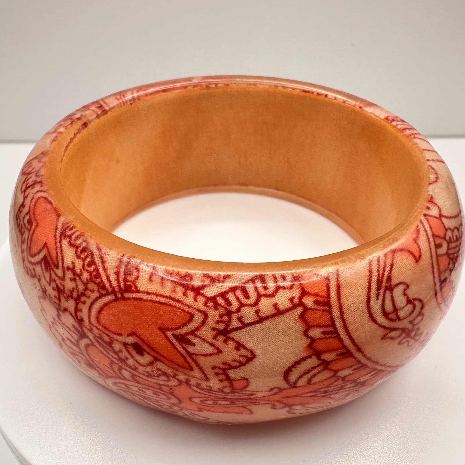 Vintage 90s Paisley Decoupage Wooden Bangle Bracelet Wide Statement Jewelry - Thumbnail 3