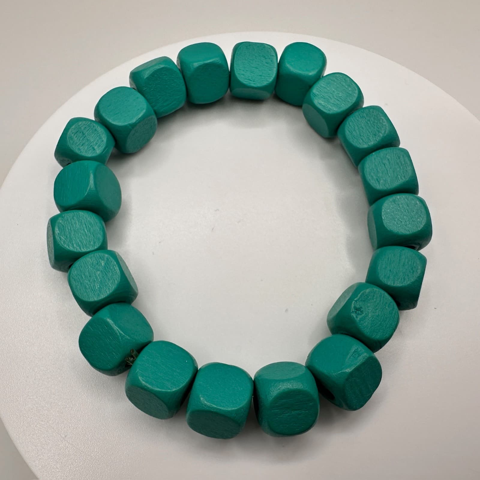 Vintage 90s Green Wooden Cube Bead Stretch Bracelet Boho Handmade Jewelry - Thumbnail 7