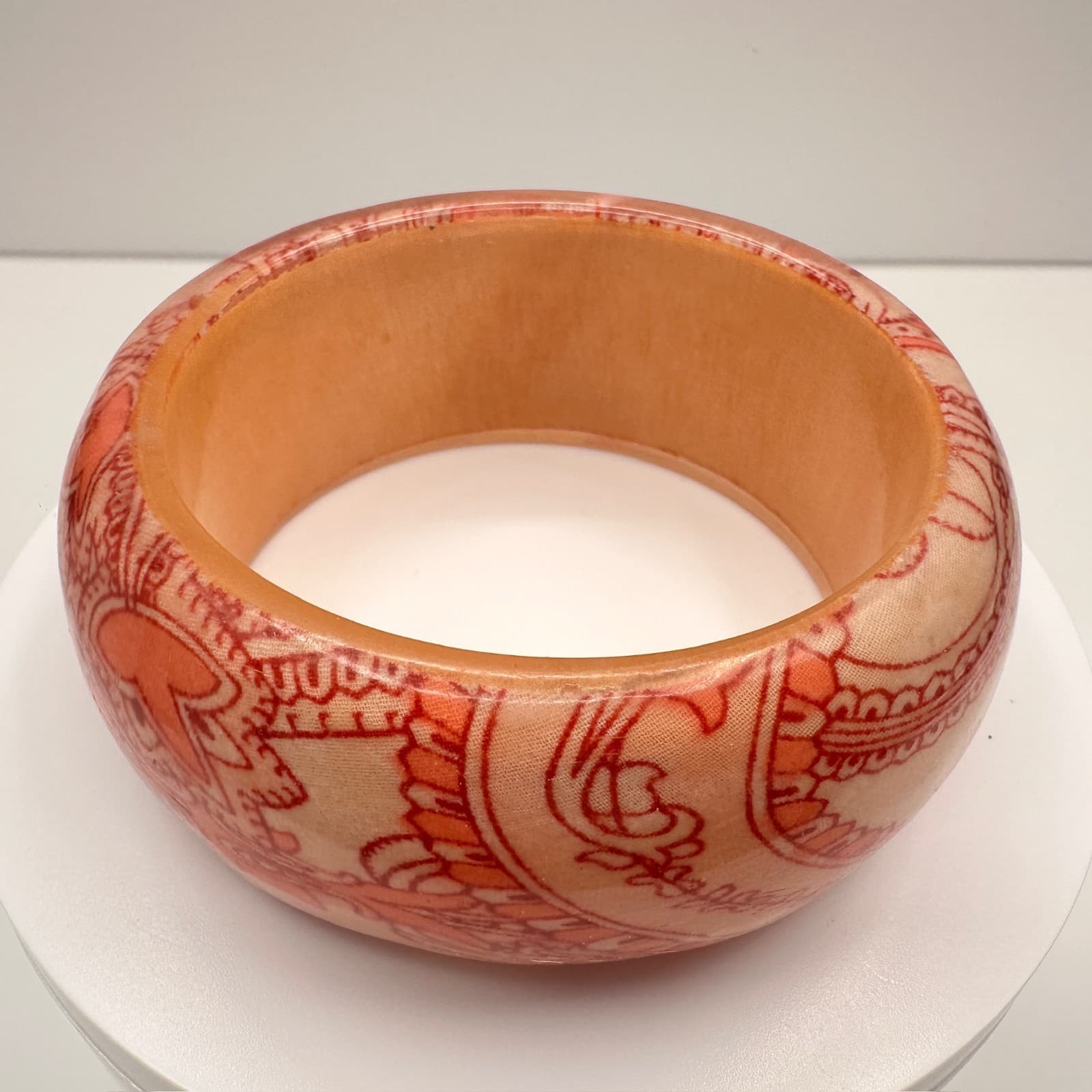 Vintage 90s Paisley Decoupage Wooden Bangle Bracelet Wide Statement Jewelry - Thumbnail 2