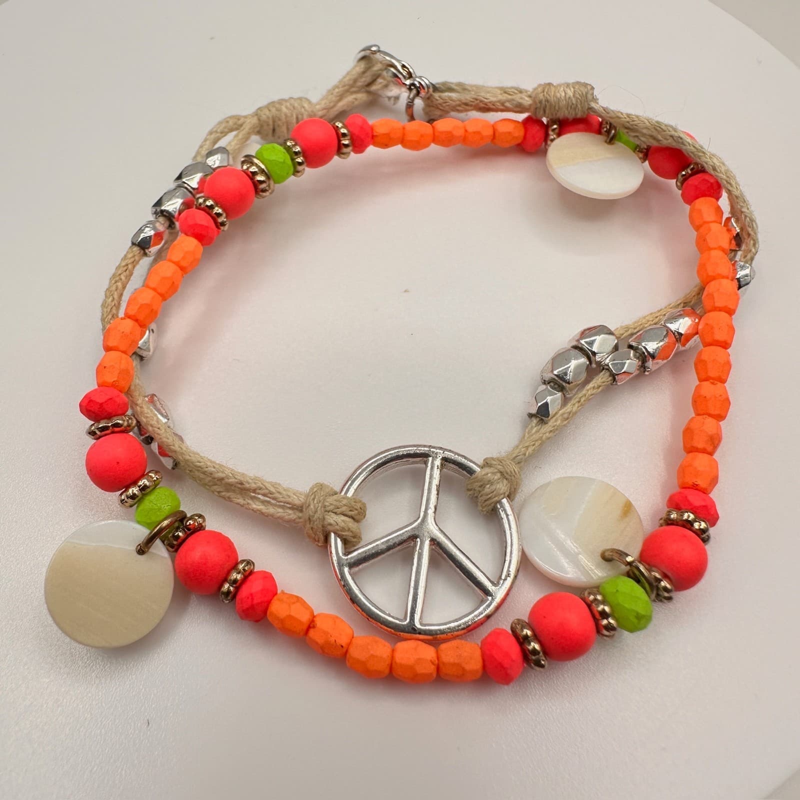 Vintage 90s Peace Sign Beaded Cord Bracelet Orange Pink Boho Jewelry - Thumbnail 9