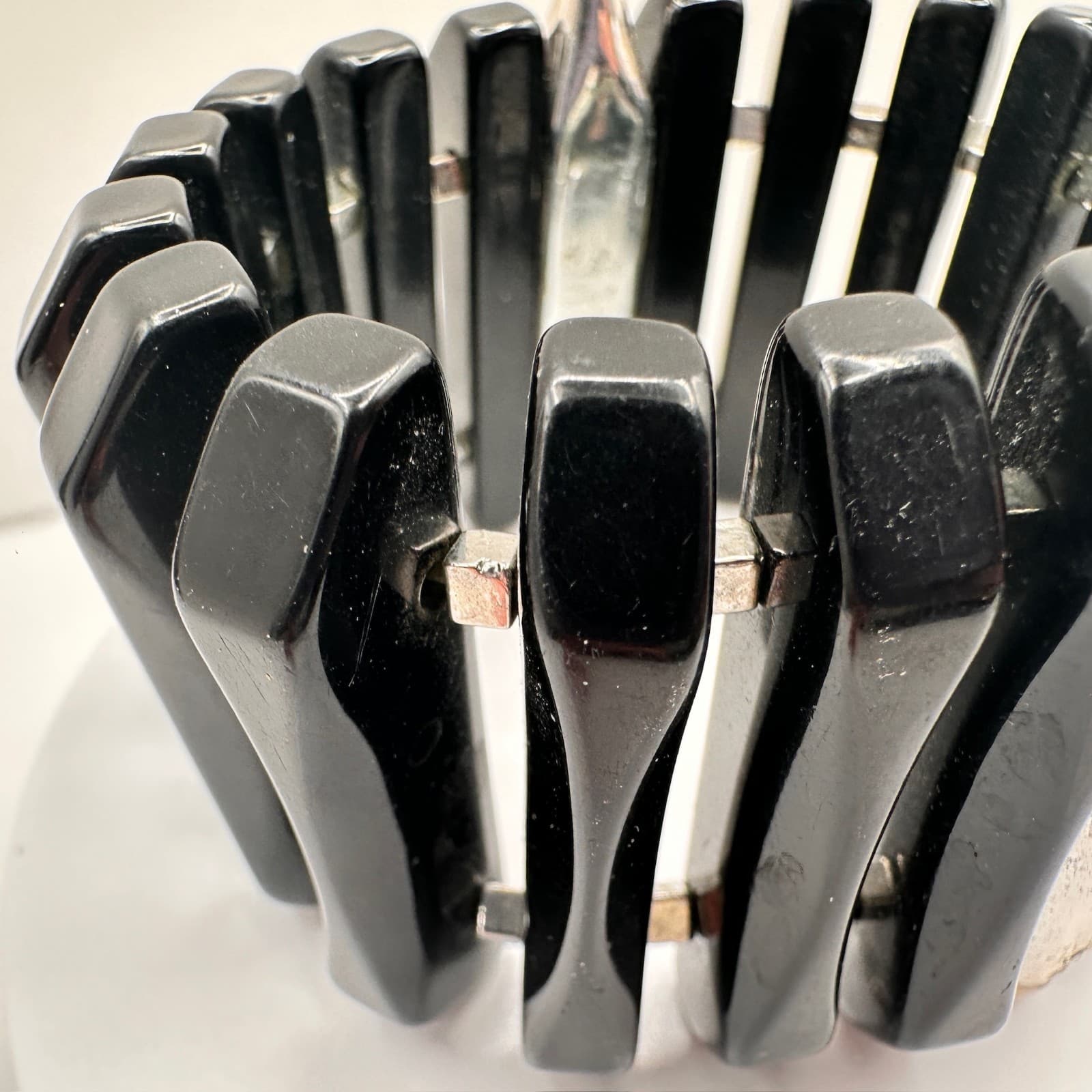 Vintage 80s 90s Black Beaded Stretch Bracelet Silver Tone Spacer Chunky Jewelry - Thumbnail 6