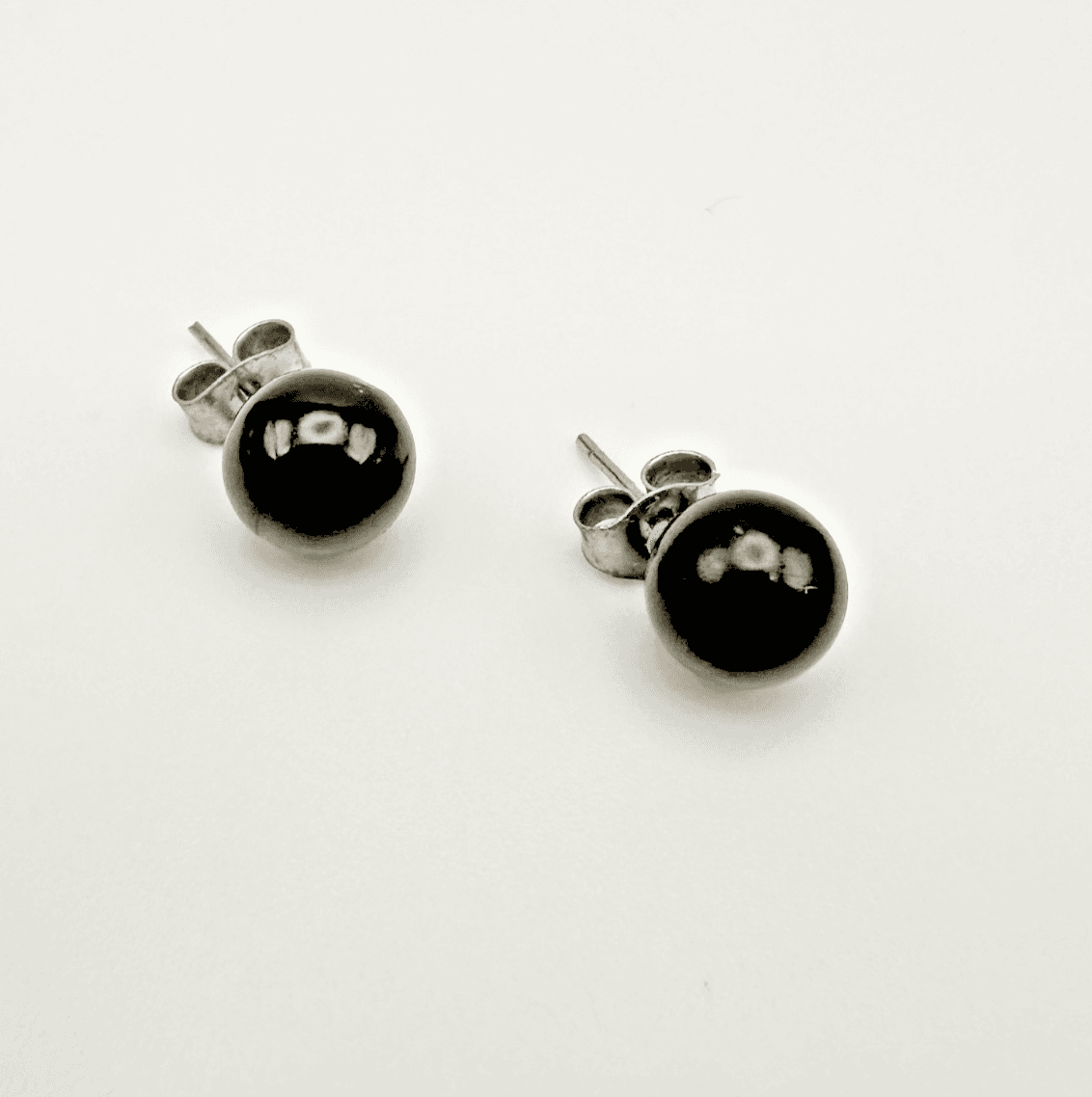 Vintage 90s Round Black Onyx Ball Stud Earrings Silver tone Posts Jewelry - Image 1
