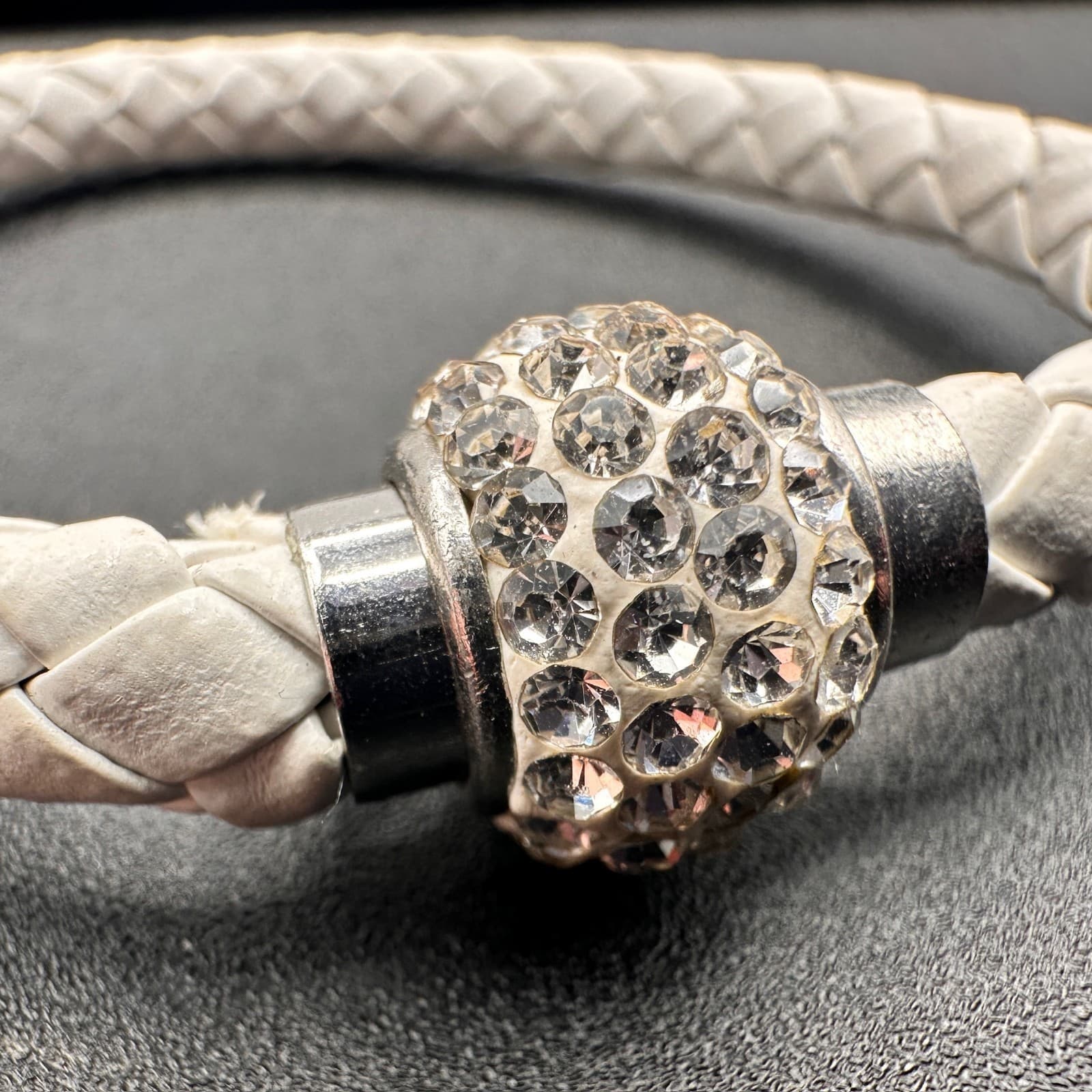 Vintage White Braided Leather Bracelet Crystal Rhinestone Bead Silver Tone Clasp - Thumbnail 3