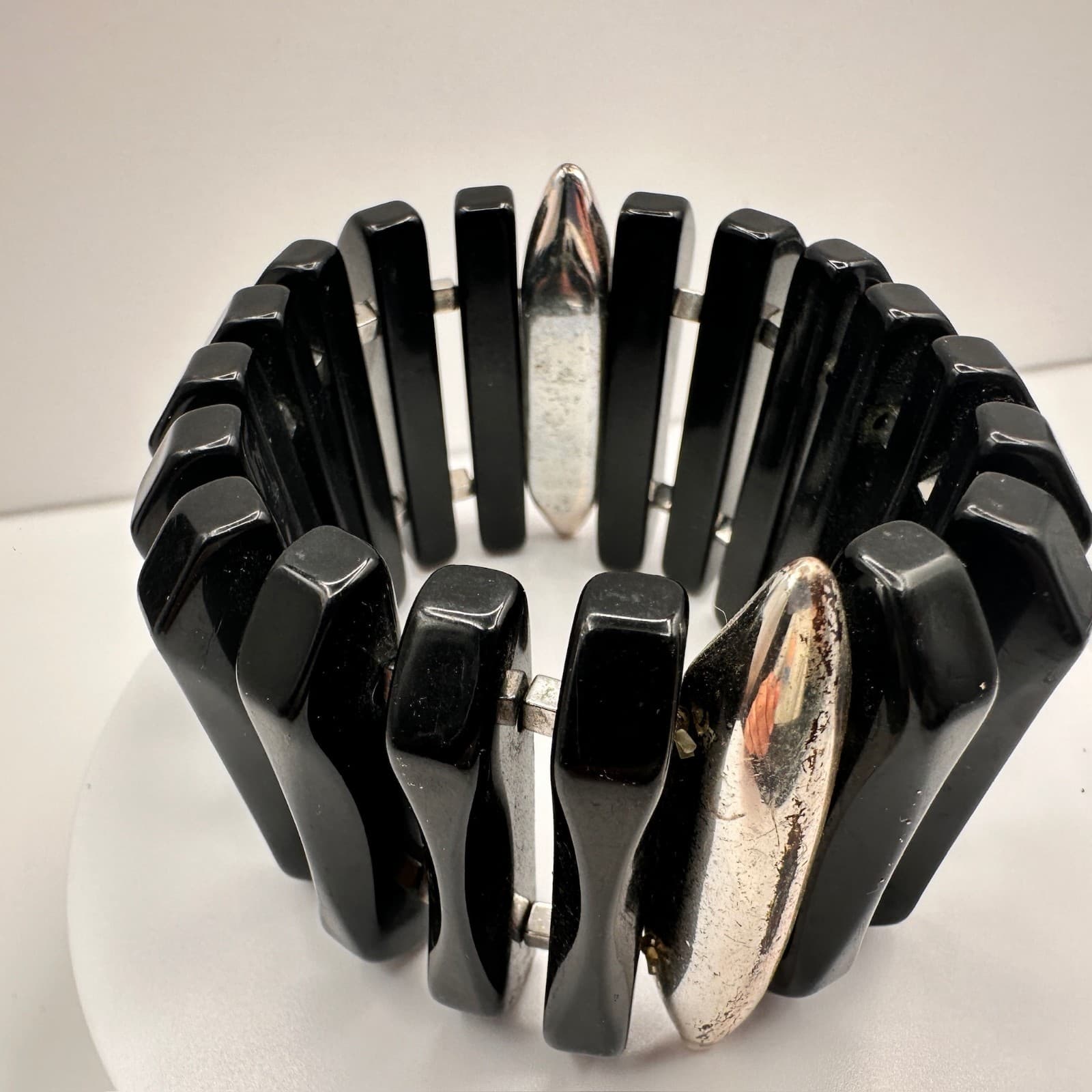 Vintage 80s 90s Black Beaded Stretch Bracelet Silver Tone Spacer Chunky Jewelry - Thumbnail 3