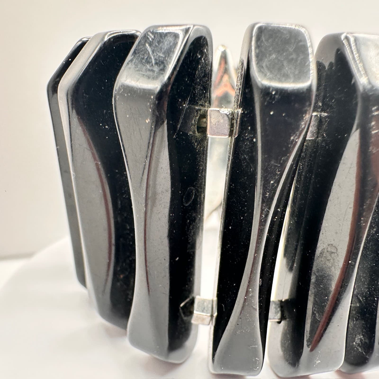 Vintage 80s 90s Black Beaded Stretch Bracelet Silver Tone Spacer Chunky Jewelry - Thumbnail 5