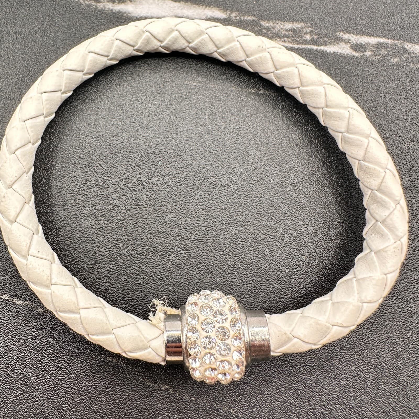Vintage White Braided Leather Bracelet Crystal Rhinestone Bead Silver Tone Clasp - Image 1