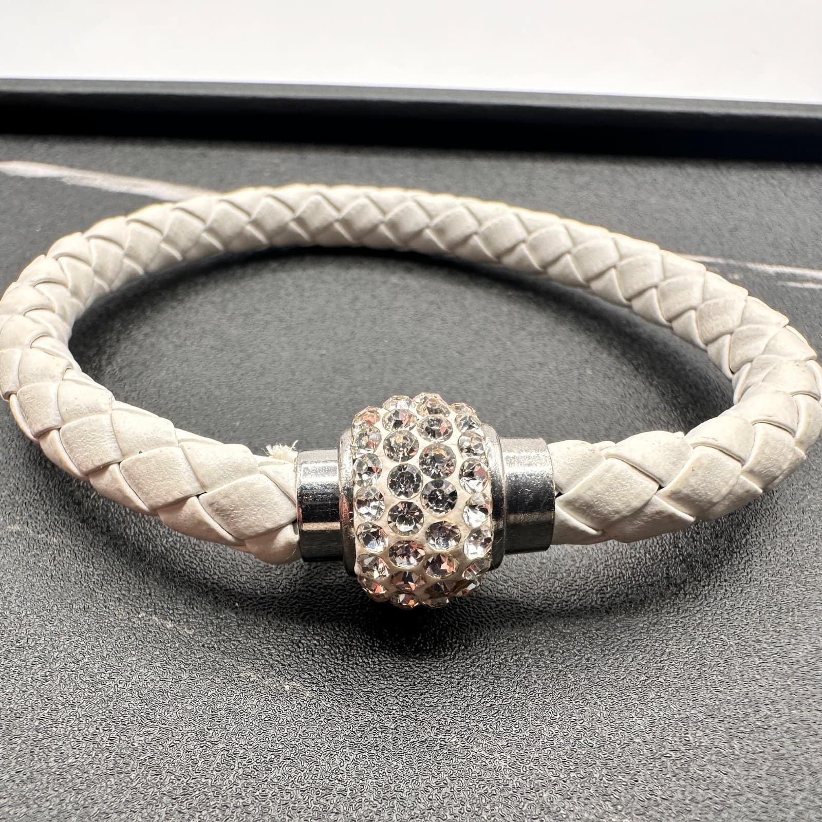 Vintage White Braided Leather Bracelet Crystal Rhinestone Bead Silver Tone Clasp - Thumbnail 2