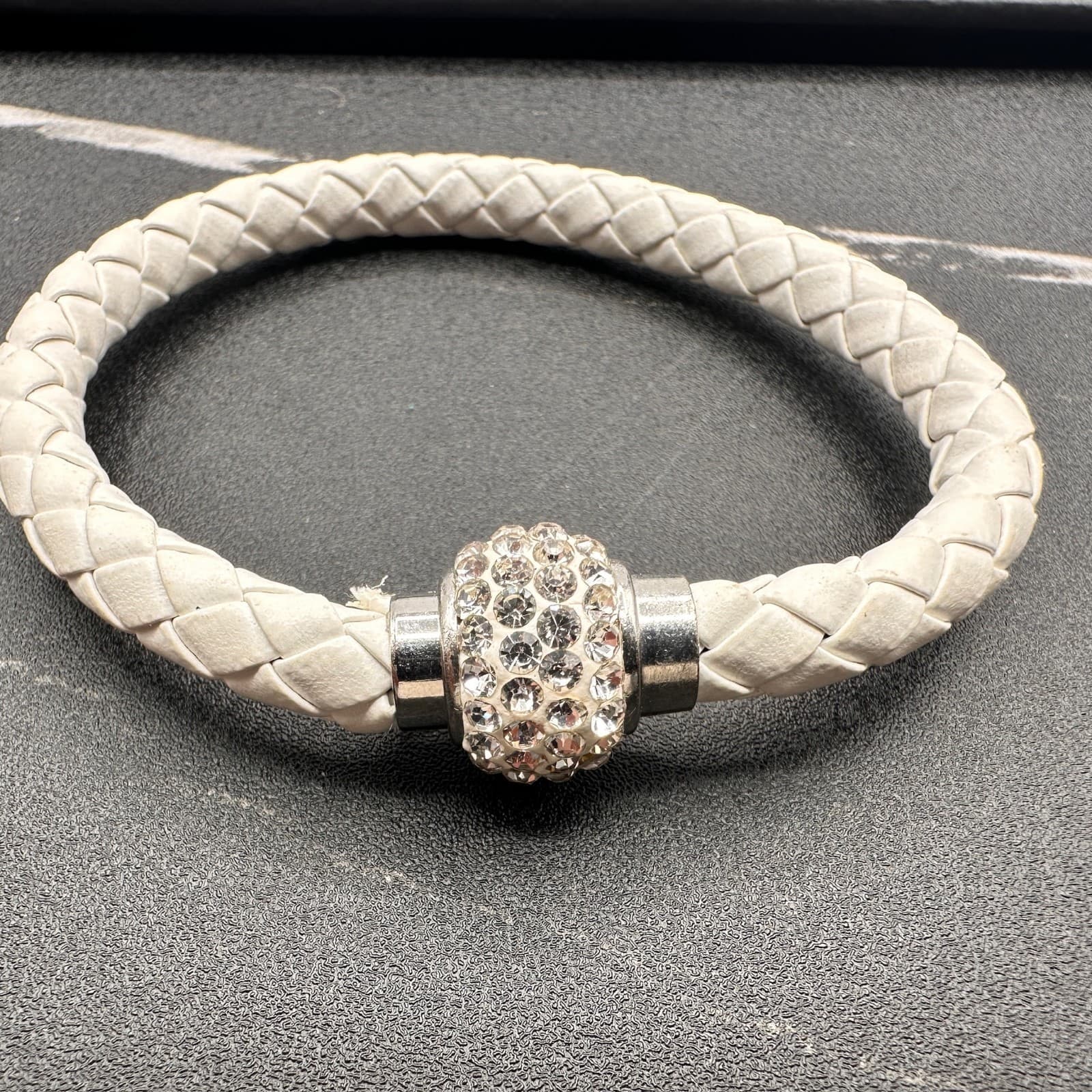 Vintage White Braided Leather Bracelet Crystal Rhinestone Bead Silver Tone Clasp - Thumbnail 5