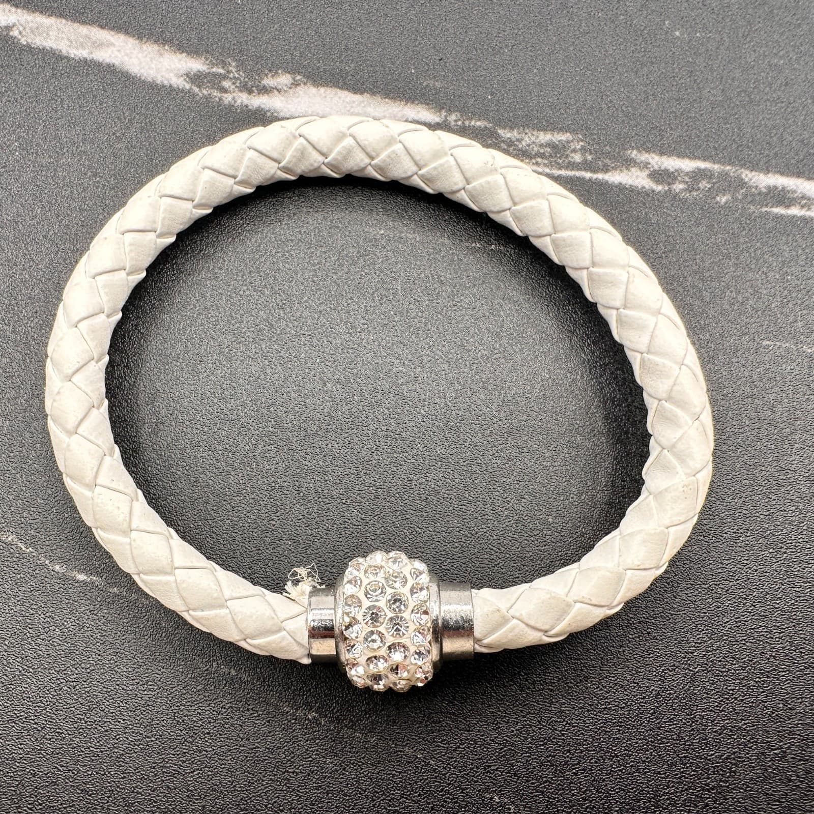 Vintage White Braided Leather Bracelet Crystal Rhinestone Bead Silver Tone Clasp - Thumbnail 4
