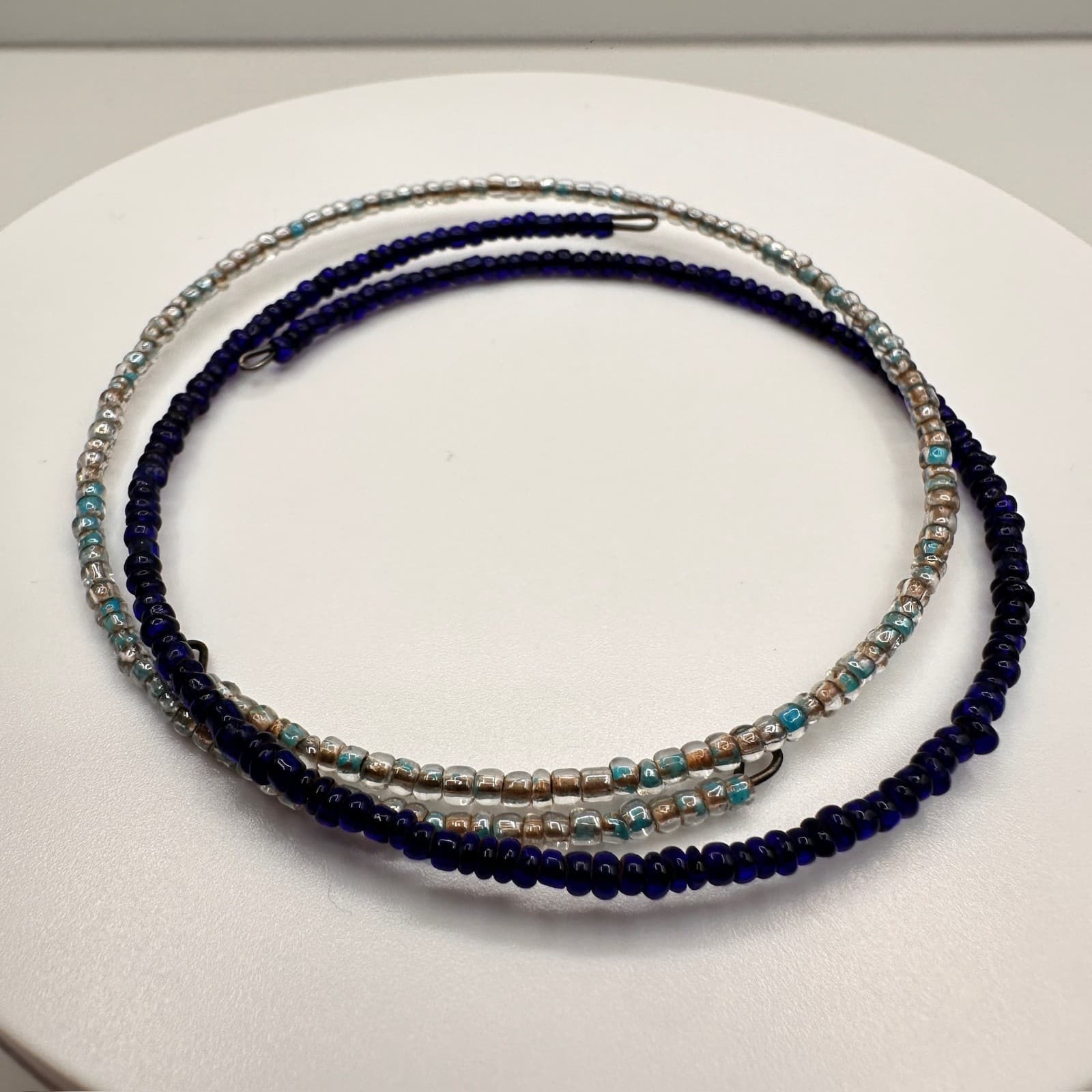 Vintage 90s Beaded Bracelet Blue Clear Glass Seed Beads Boho Jewelry - Thumbnail 8