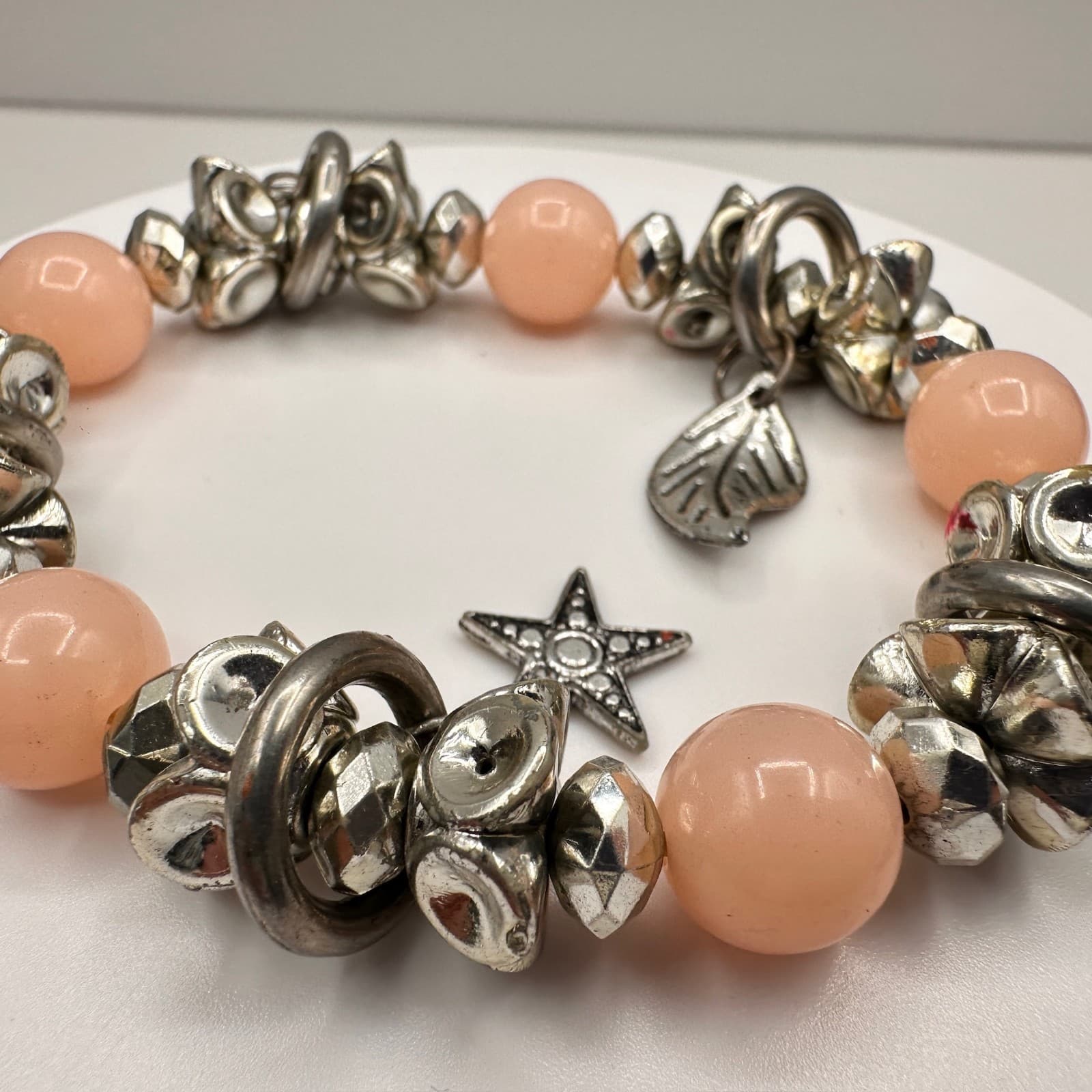 Vintage 90s Charm Bracelet Pink Bead Silver Tone Key Leaf Star Dangle Jewelry - Thumbnail 6