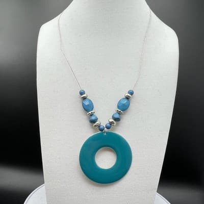 Vintage Silver-Tone Chain Lobster Teal Pendant Statement Coordinating Beaded - Thumbnail 2