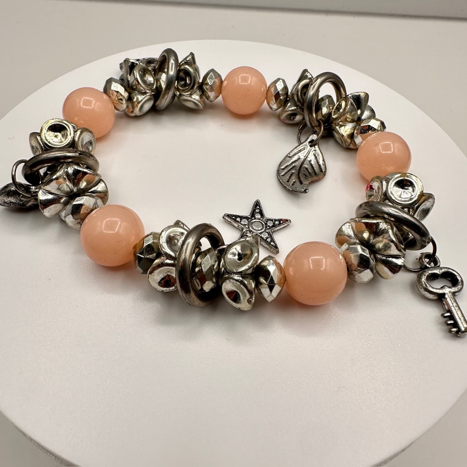 Vintage 90s Charm Bracelet Pink Bead Silver Tone Key Leaf Star Dangle Jewelry - Thumbnail 2