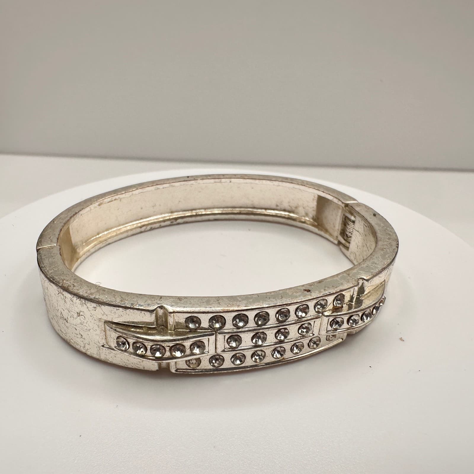 Vintage 90s Silver Tone Rhinestone Bangle Bracelet Hinged Statement Glam Jewelry - Image 1