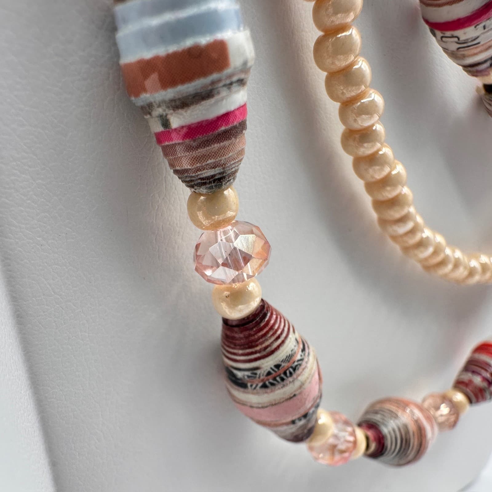 Vintage 90s Multi-Strand Necklace Paper Beads Cream Cross Religious Boho Jewelry - Thumbnail 3