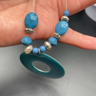 Vintage Silver-Tone Chain Lobster Teal Pendant Statement Coordinating Beaded - Thumbnail 3