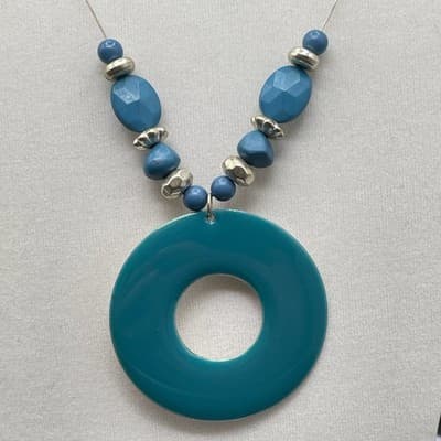 Vintage Silver-Tone Chain Lobster Teal Pendant Statement Coordinating Beaded - Image 1