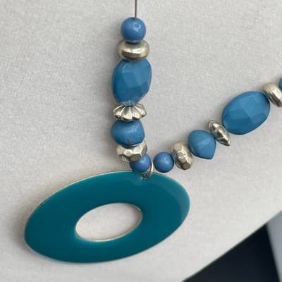 Vintage Silver-Tone Chain Lobster Teal Pendant Statement Coordinating Beaded - Thumbnail 6
