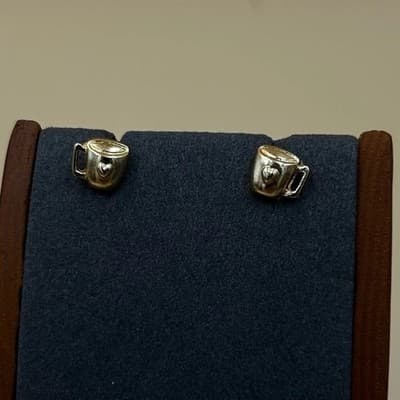 Vintage Gold Tone Coffee Cup Earrings with Heart Design Cute Dangle Jewelry - Thumbnail 3