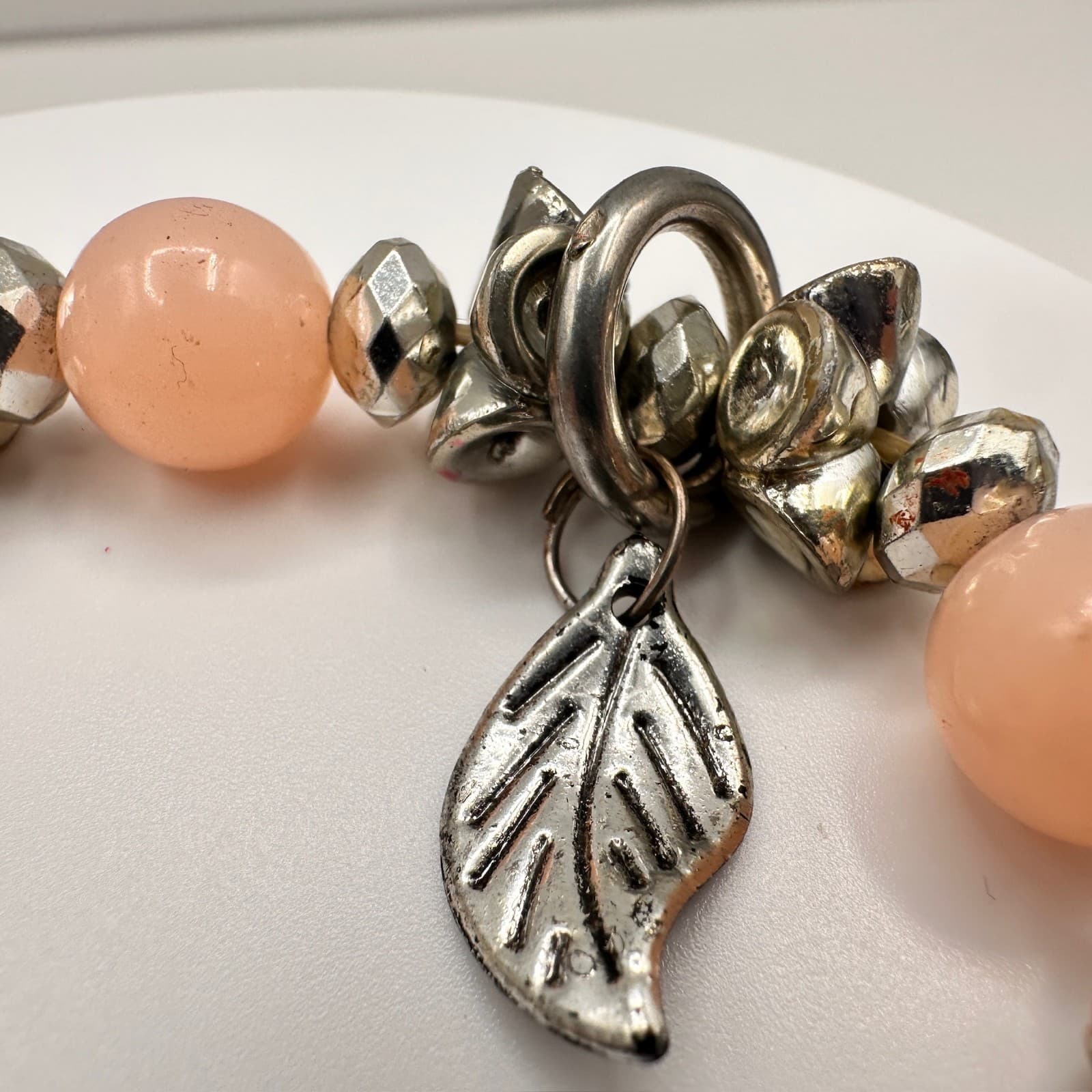 Vintage 90s Charm Bracelet Pink Bead Silver Tone Key Leaf Star Dangle Jewelry - Thumbnail 9