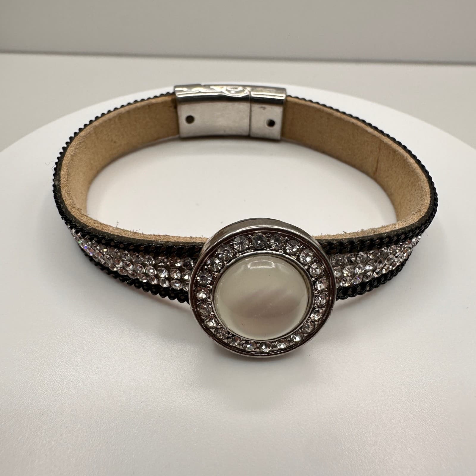 Vintage 90s Silver Tone Crystal Leather Bracelet Round Cabochon Statement - Image 1