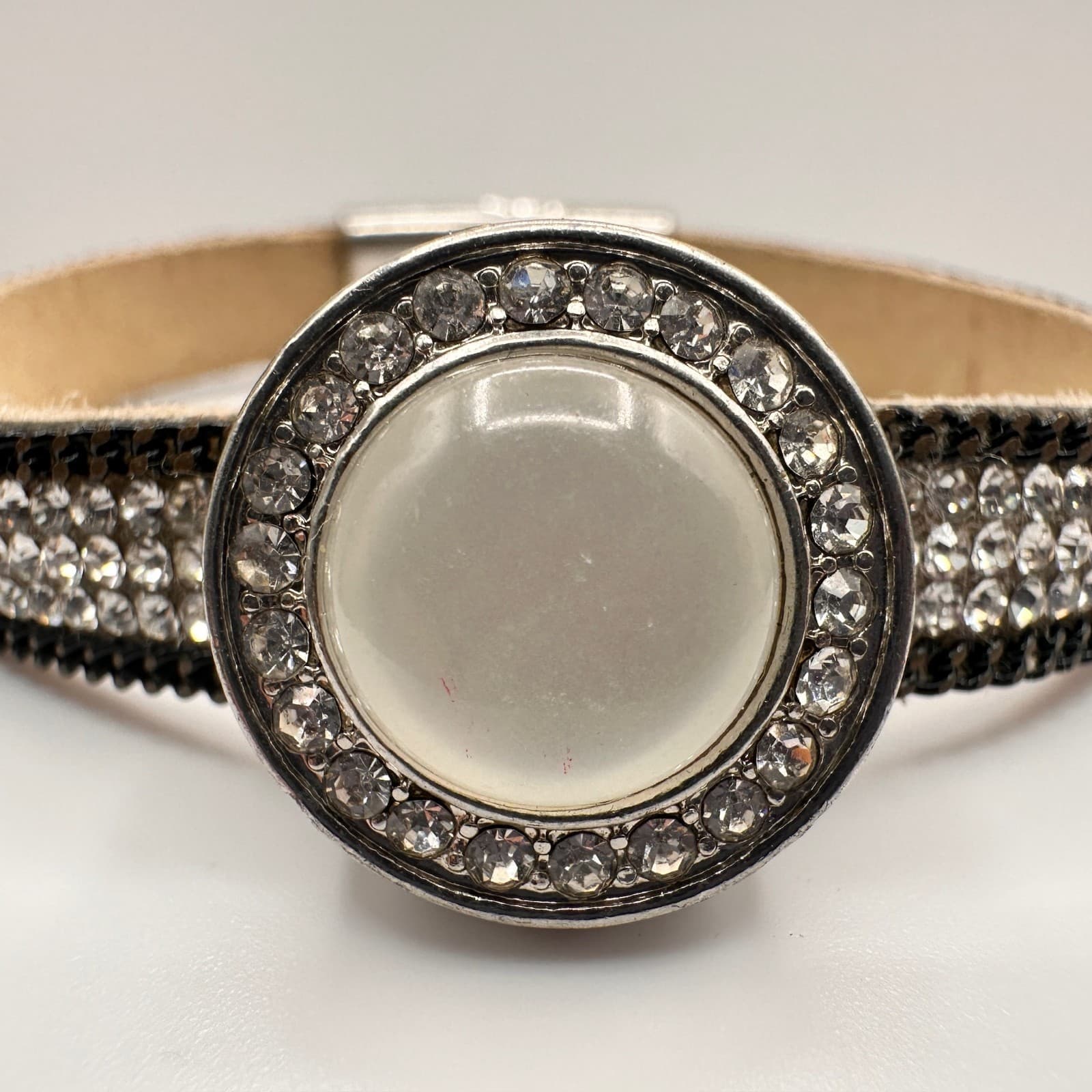 Vintage 90s Silver Tone Crystal Leather Bracelet Round Cabochon Statement - Thumbnail 2