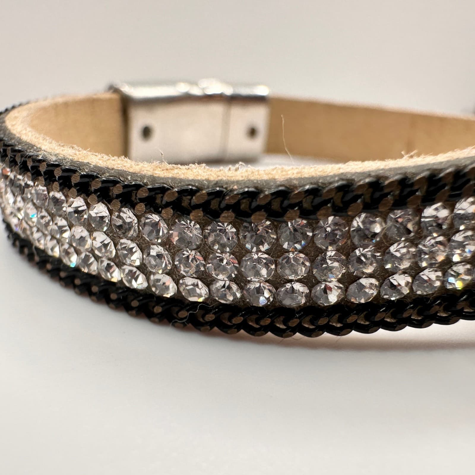 Vintage 90s Silver Tone Crystal Leather Bracelet Round Cabochon Statement - Thumbnail 4