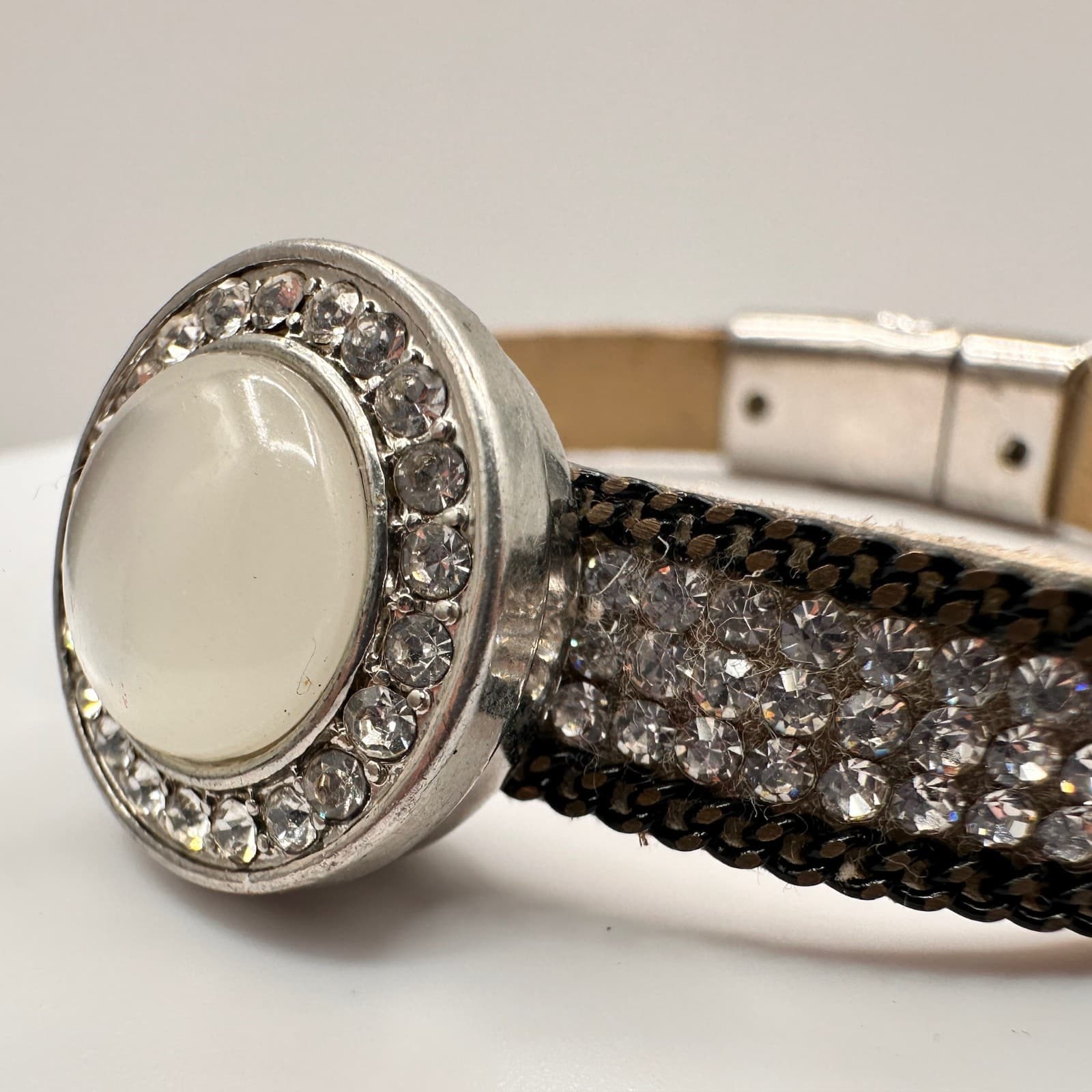 Vintage 90s Silver Tone Crystal Leather Bracelet Round Cabochon Statement - Thumbnail 6