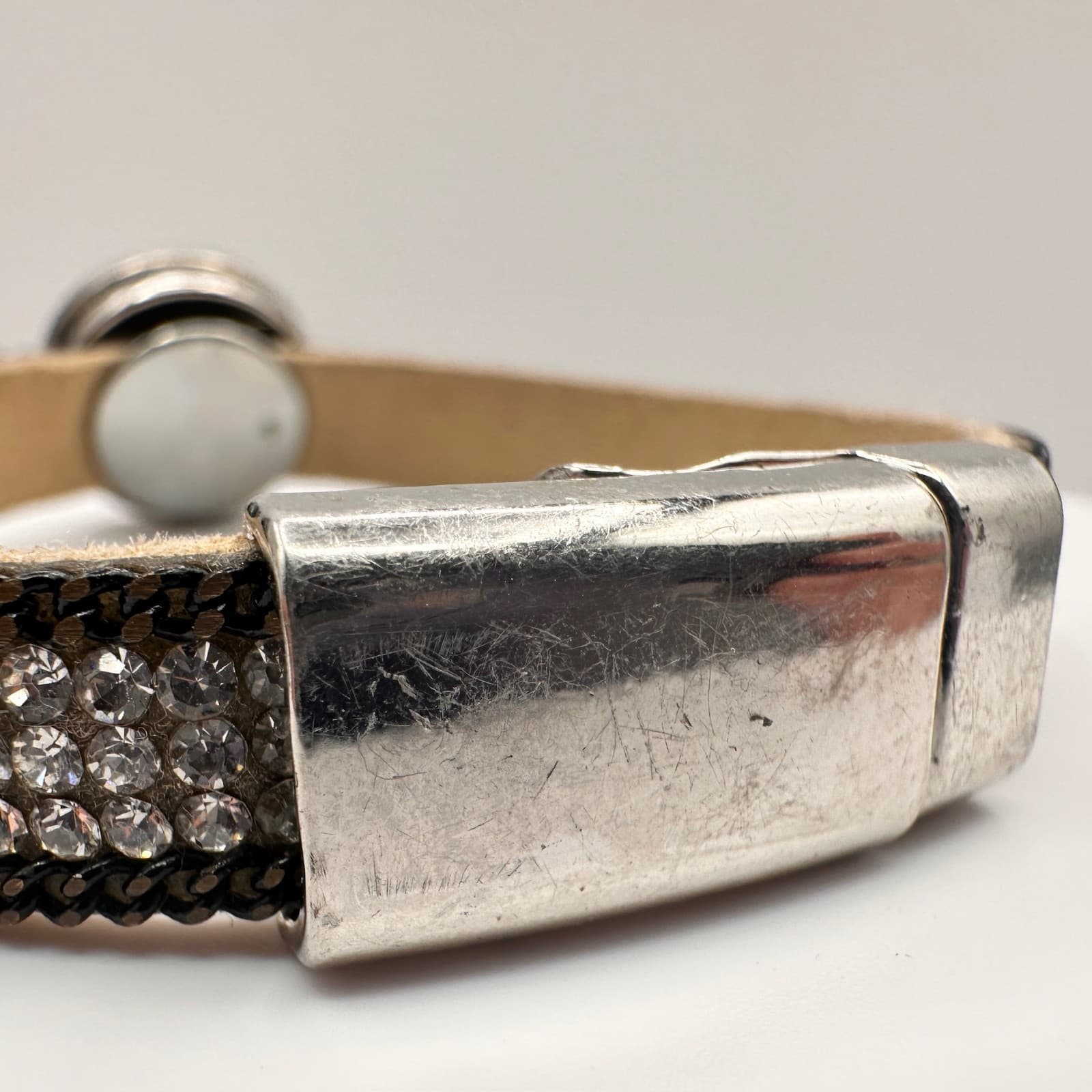 Vintage 90s Silver Tone Crystal Leather Bracelet Round Cabochon Statement - Thumbnail 8