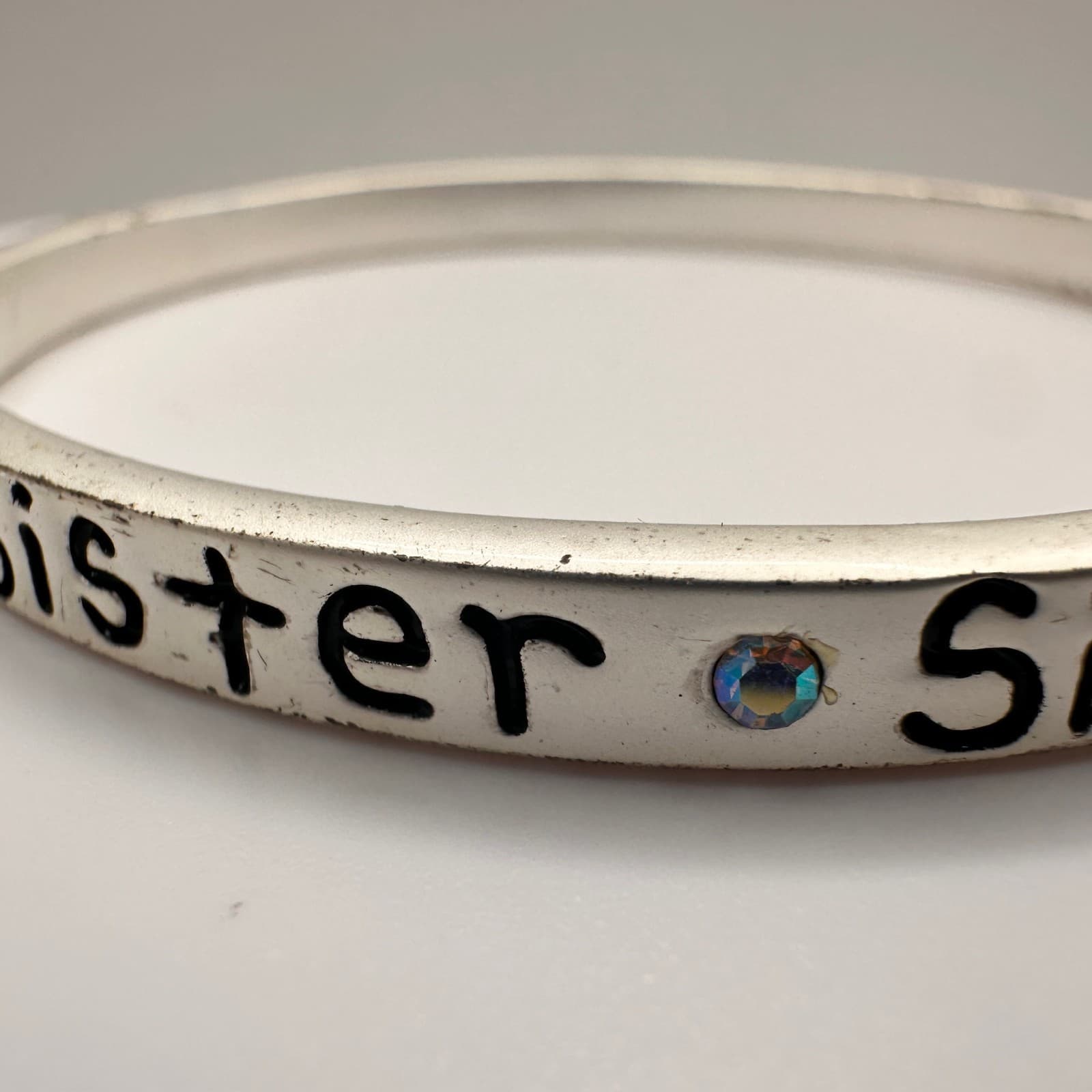 Vintage Y2K Silver Tone Sister Bangle Bracelet AB Rhinestone Crystal Jewelry - Thumbnail 3