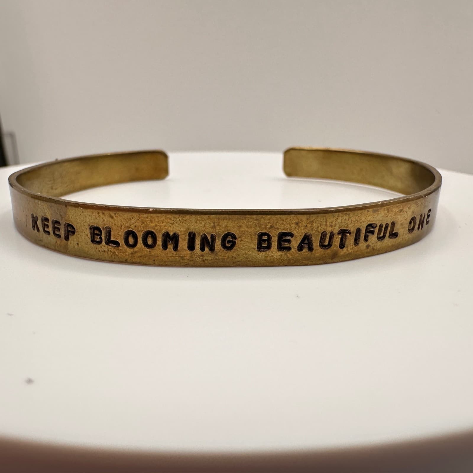Vintage 80s Brass Cuff Bracelet Keep Blooming Beautiful One Engraved Jewelry - Image 1