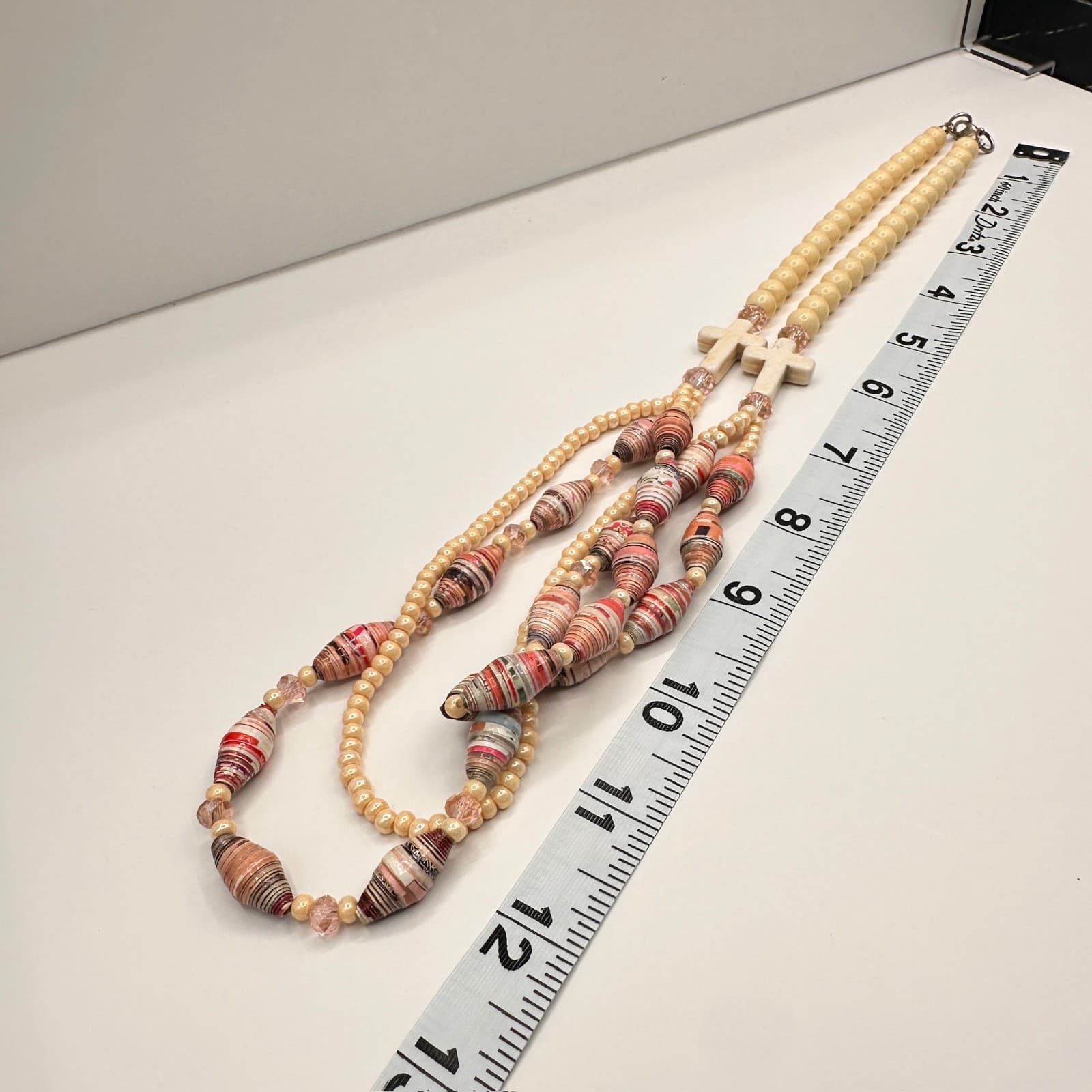Vintage 90s Multi-Strand Necklace Paper Beads Cream Cross Religious Boho Jewelry - Thumbnail 12