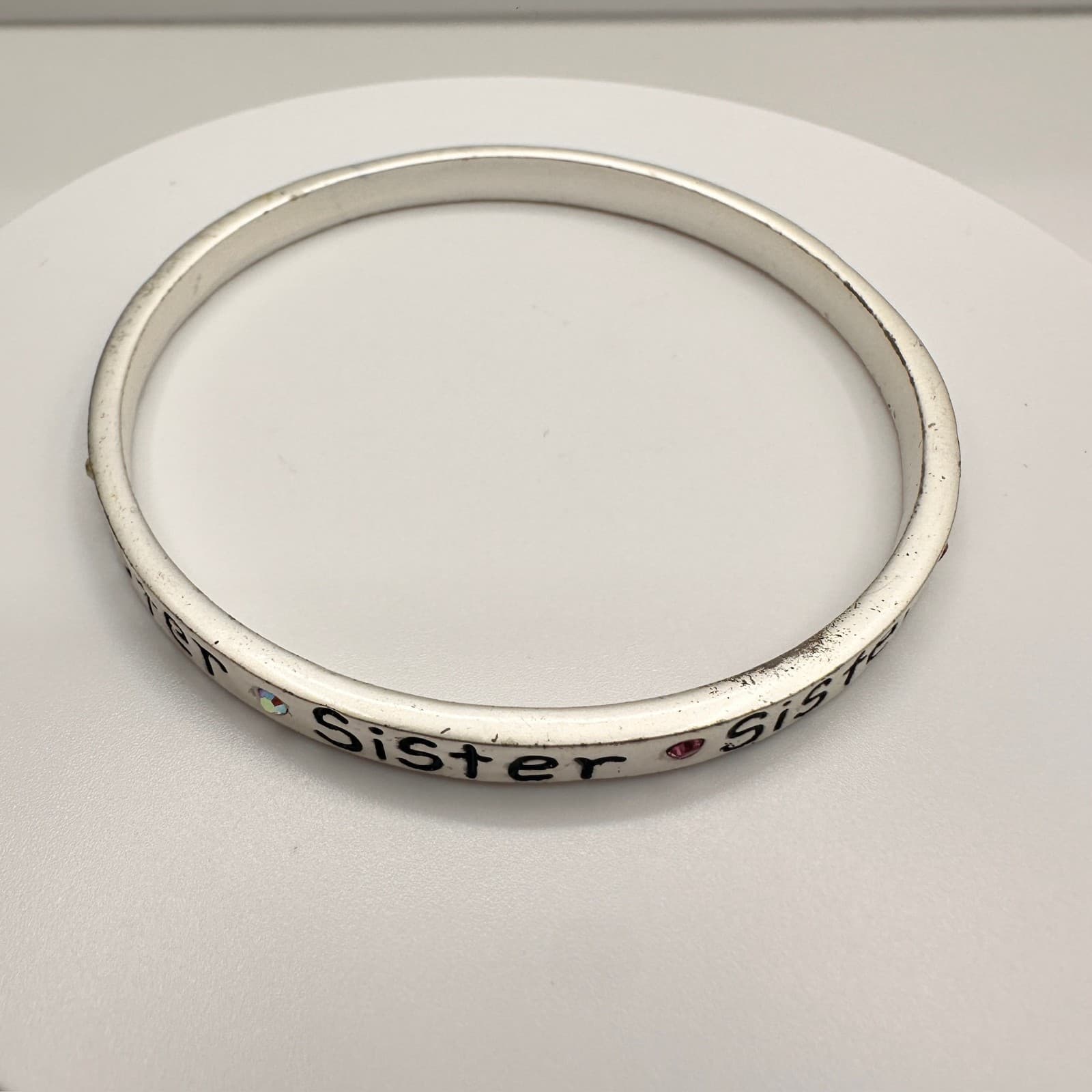 Vintage Y2K Silver Tone Sister Bangle Bracelet AB Rhinestone Crystal Jewelry - Thumbnail 6