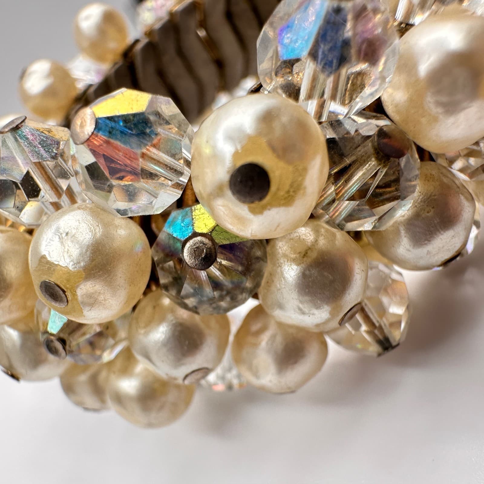 Vintage 90s Faux Pearl AB Crystal Expansion Bracelet Stretch Statement Jewelry - Thumbnail 6