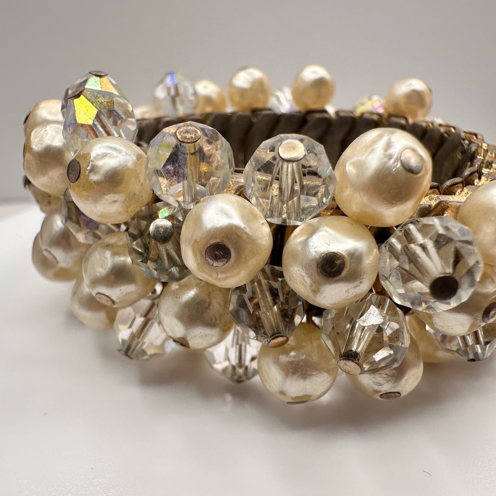 Vintage 90s Faux Pearl AB Crystal Expansion Bracelet Stretch Statement Jewelry - Thumbnail 2