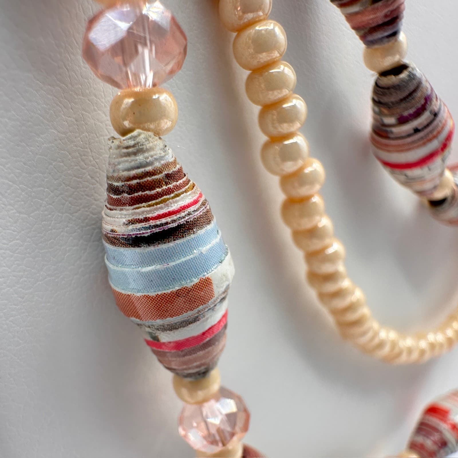 Vintage 90s Multi-Strand Necklace Paper Beads Cream Cross Religious Boho Jewelry - Thumbnail 6