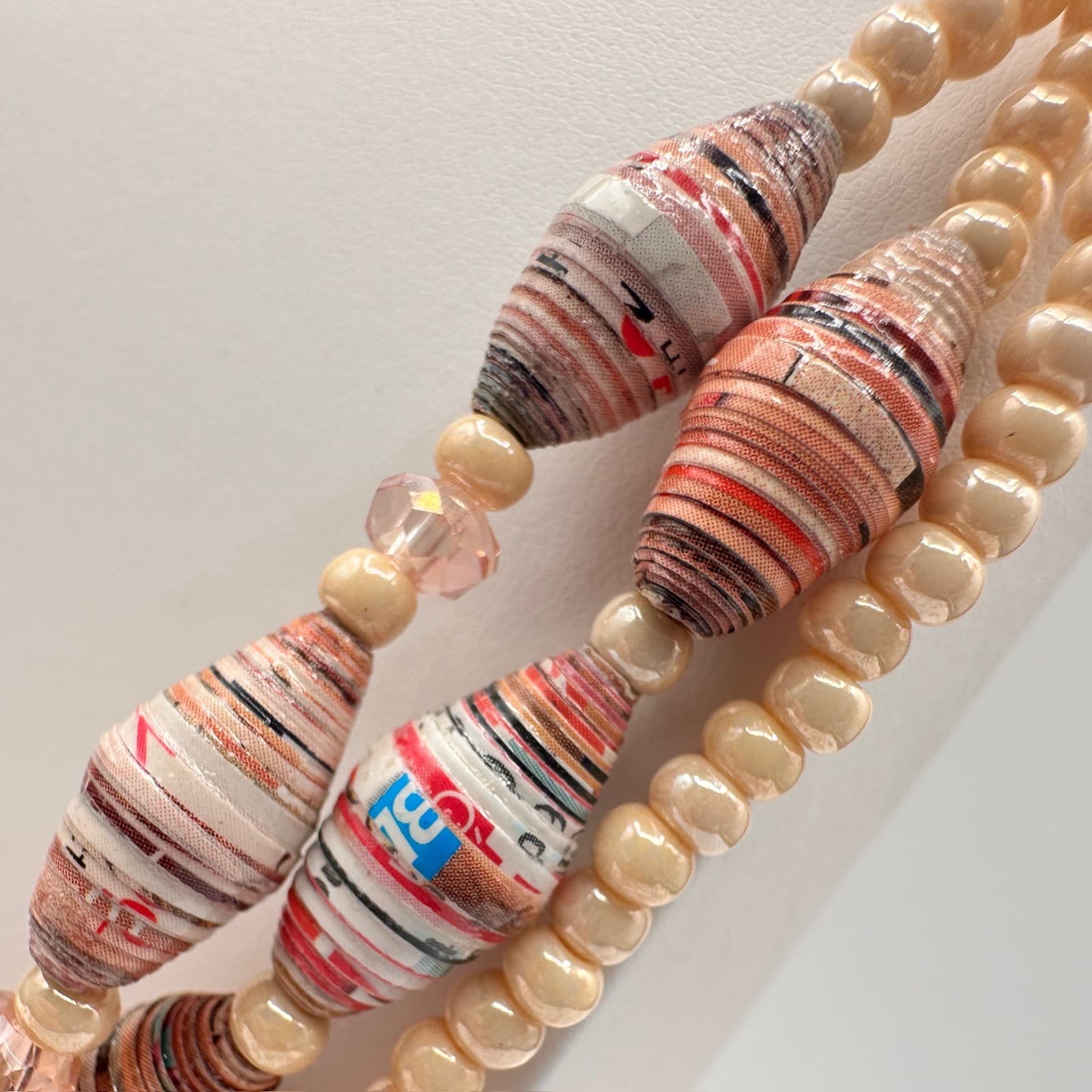 Vintage 90s Multi-Strand Necklace Paper Beads Cream Cross Religious Boho Jewelry - Thumbnail 10