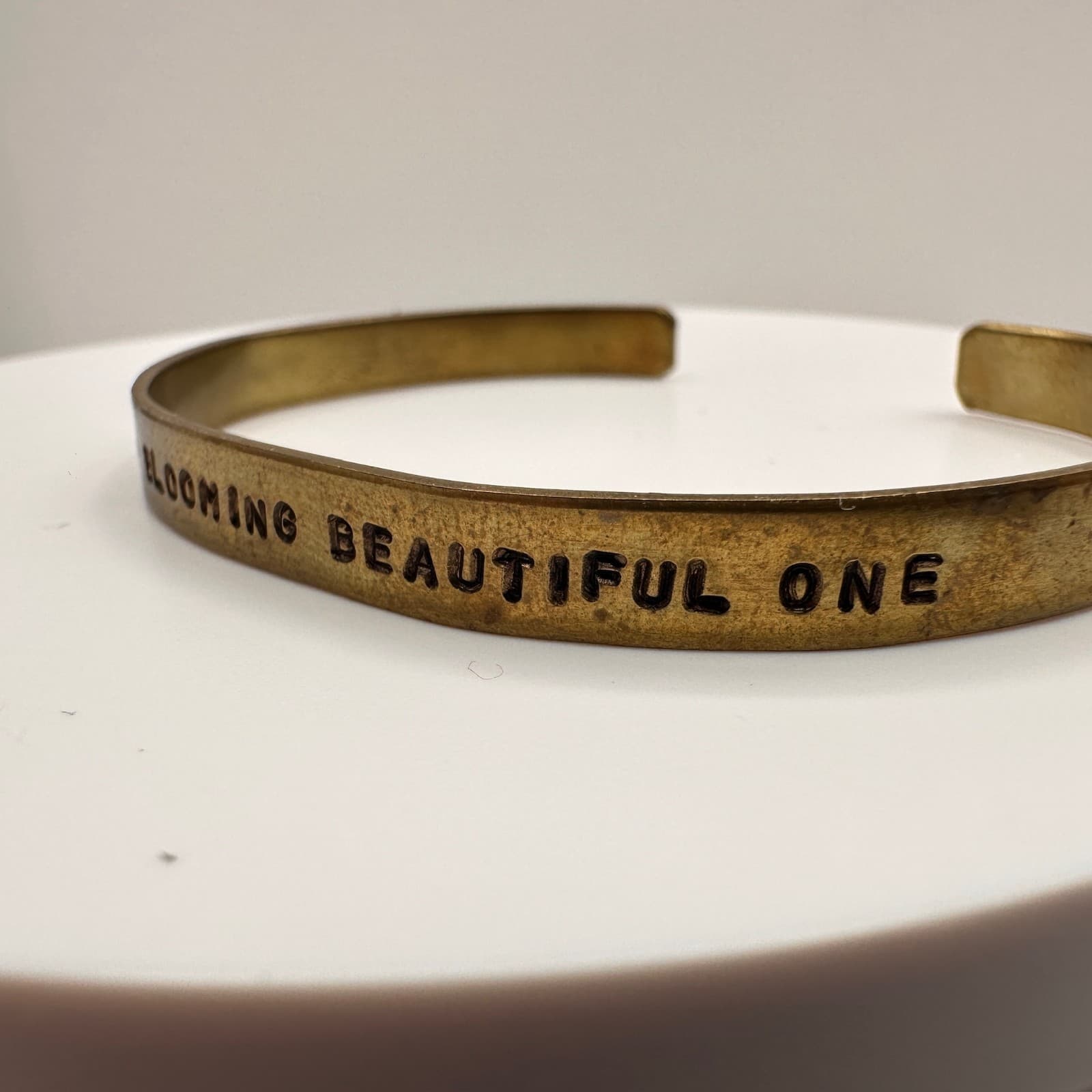 Vintage 80s Brass Cuff Bracelet Keep Blooming Beautiful One Engraved Jewelry - Thumbnail 3