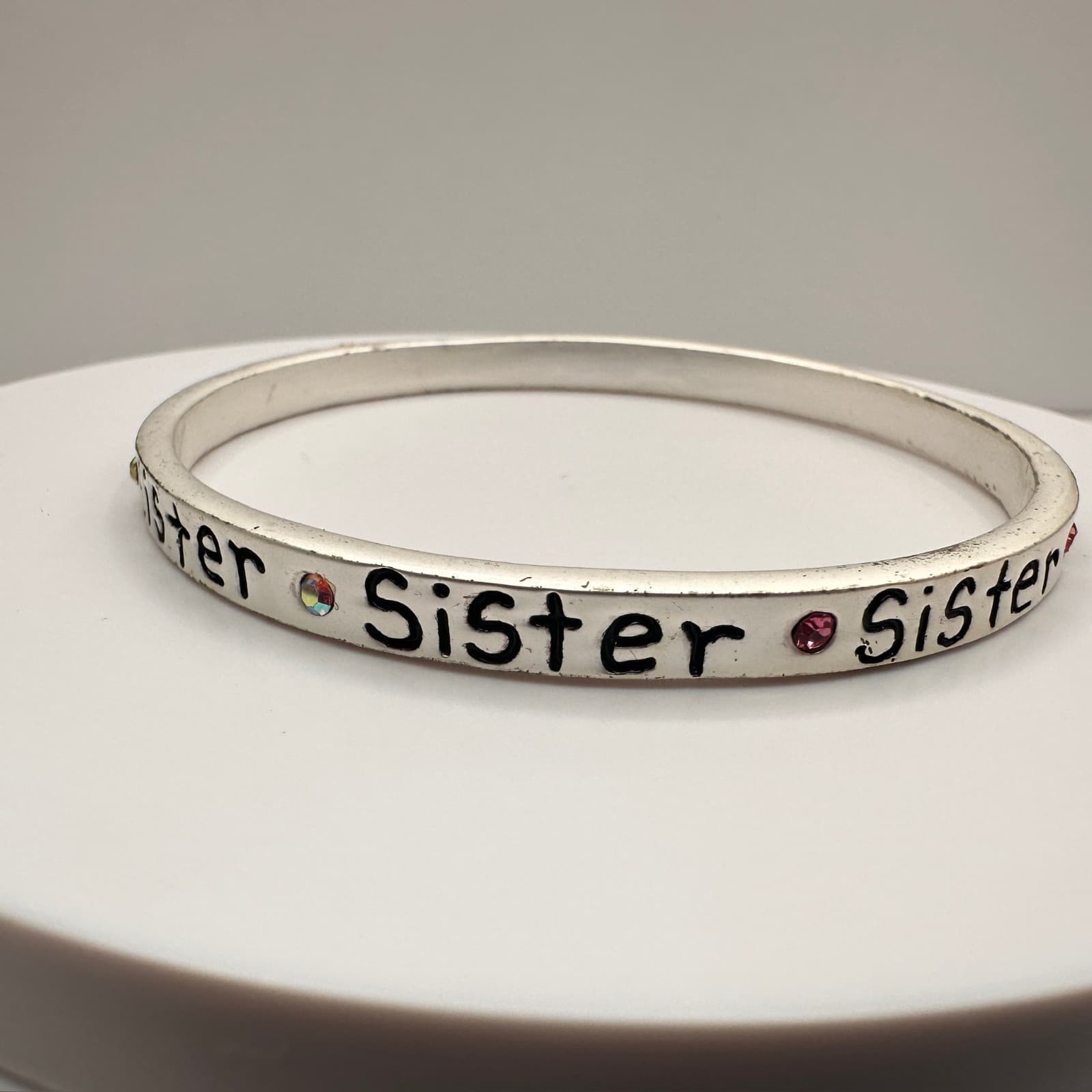 Vintage Y2K Silver Tone Sister Bangle Bracelet AB Rhinestone Crystal Jewelry - Image 1