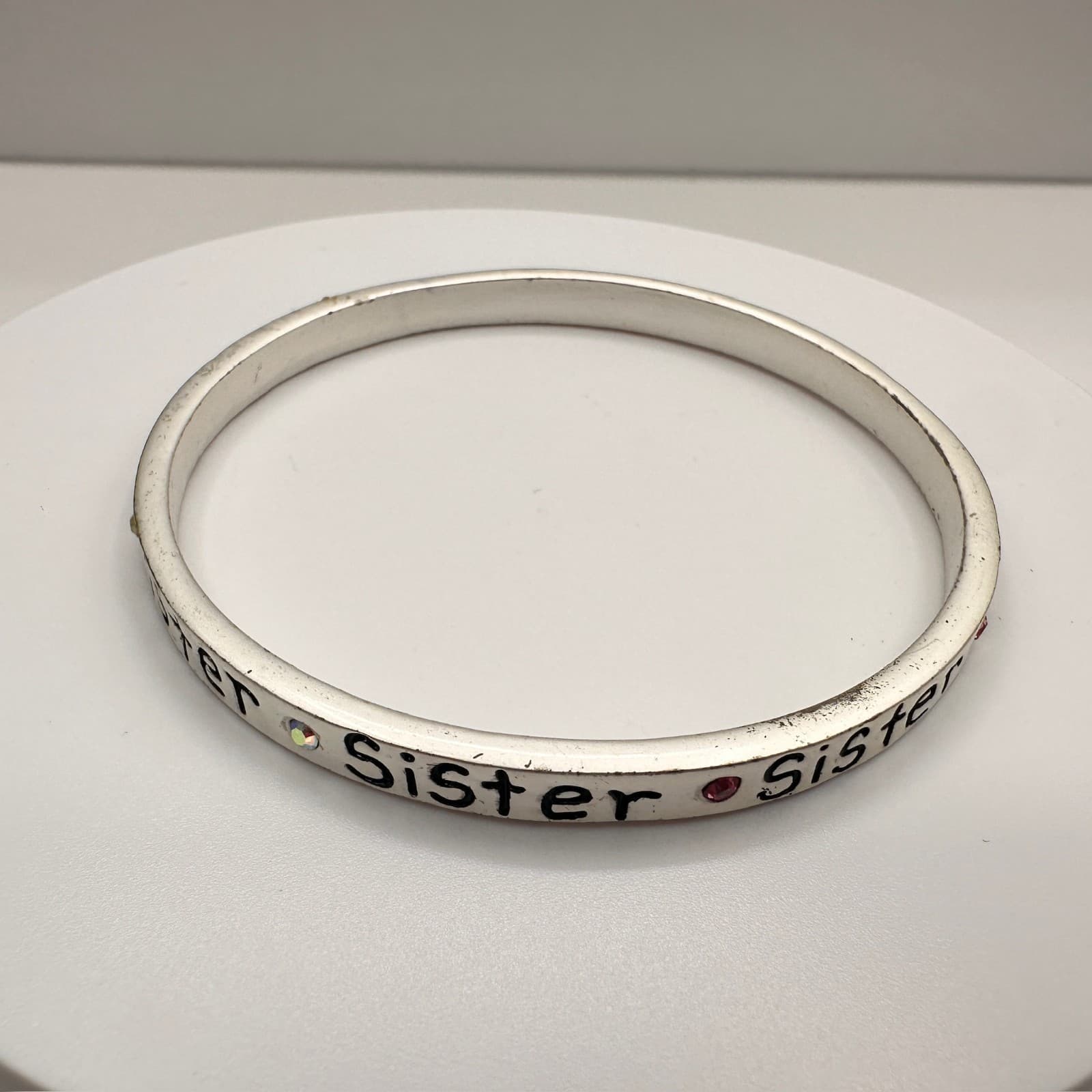 Vintage Y2K Silver Tone Sister Bangle Bracelet AB Rhinestone Crystal Jewelry - Thumbnail 2