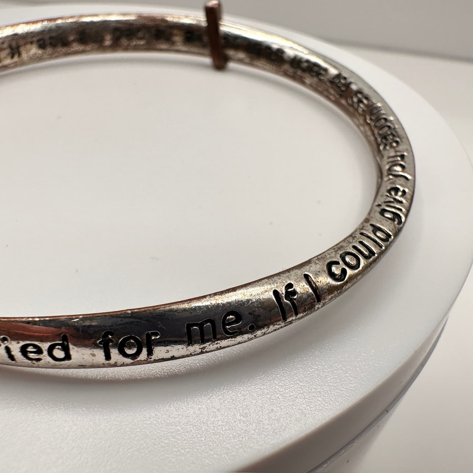 Vintage Silver Tone Bangle Bracelet Diamonds Pearls Inspirational Quote Jewelry - Thumbnail 5