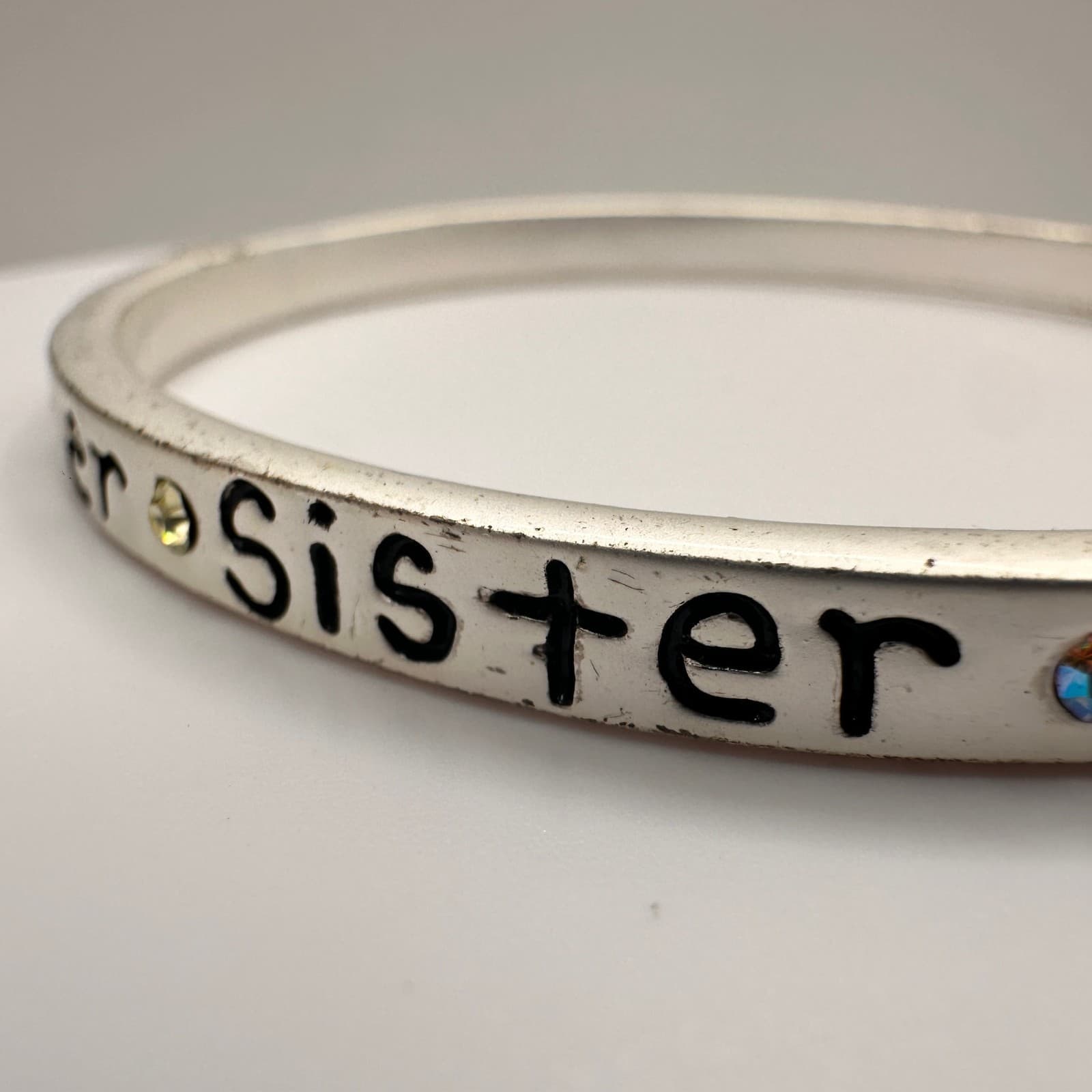 Vintage Y2K Silver Tone Sister Bangle Bracelet AB Rhinestone Crystal Jewelry - Thumbnail 4