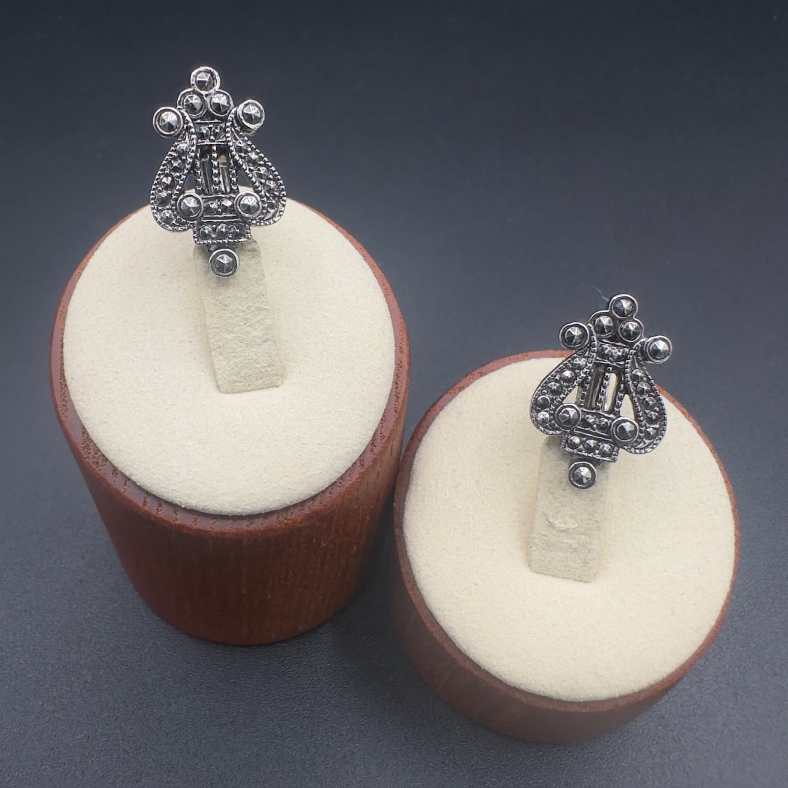 Vintage AVON 1980's Faux Marcasite Harp Shape Antiqued Silver Tone Stud Earrings - Image 1