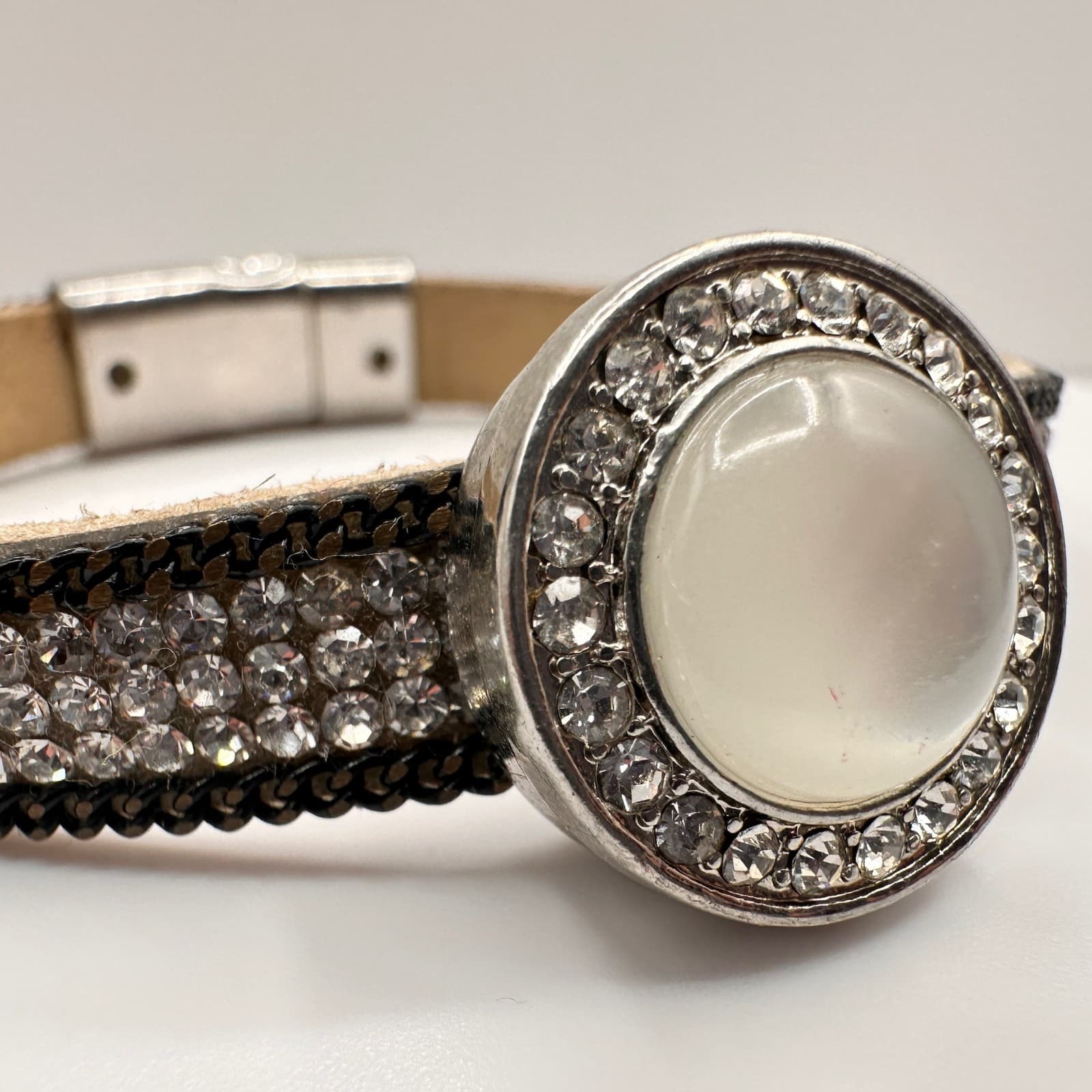 Vintage 90s Silver Tone Crystal Leather Bracelet Round Cabochon Statement - Thumbnail 3