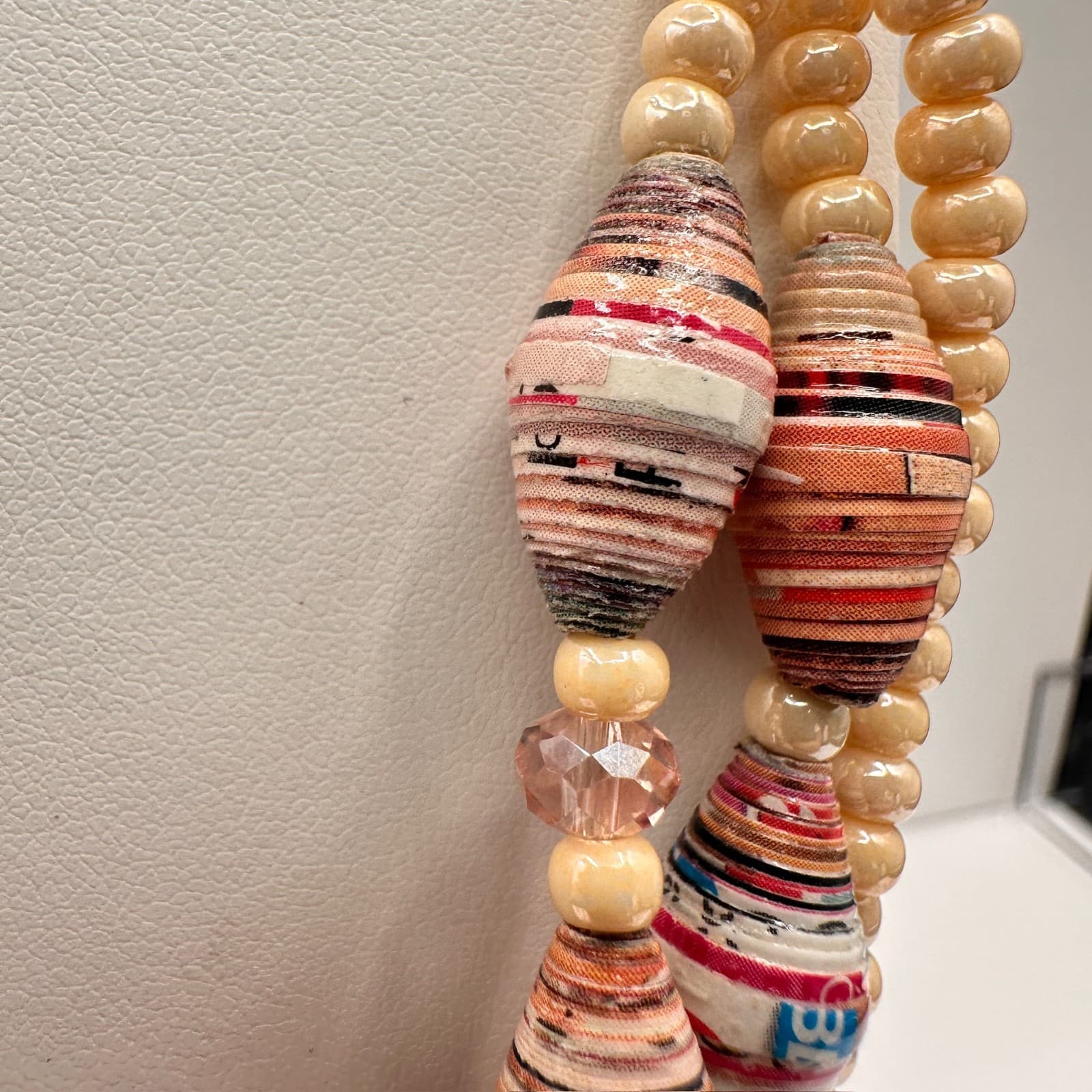 Vintage 90s Multi-Strand Necklace Paper Beads Cream Cross Religious Boho Jewelry - Thumbnail 4