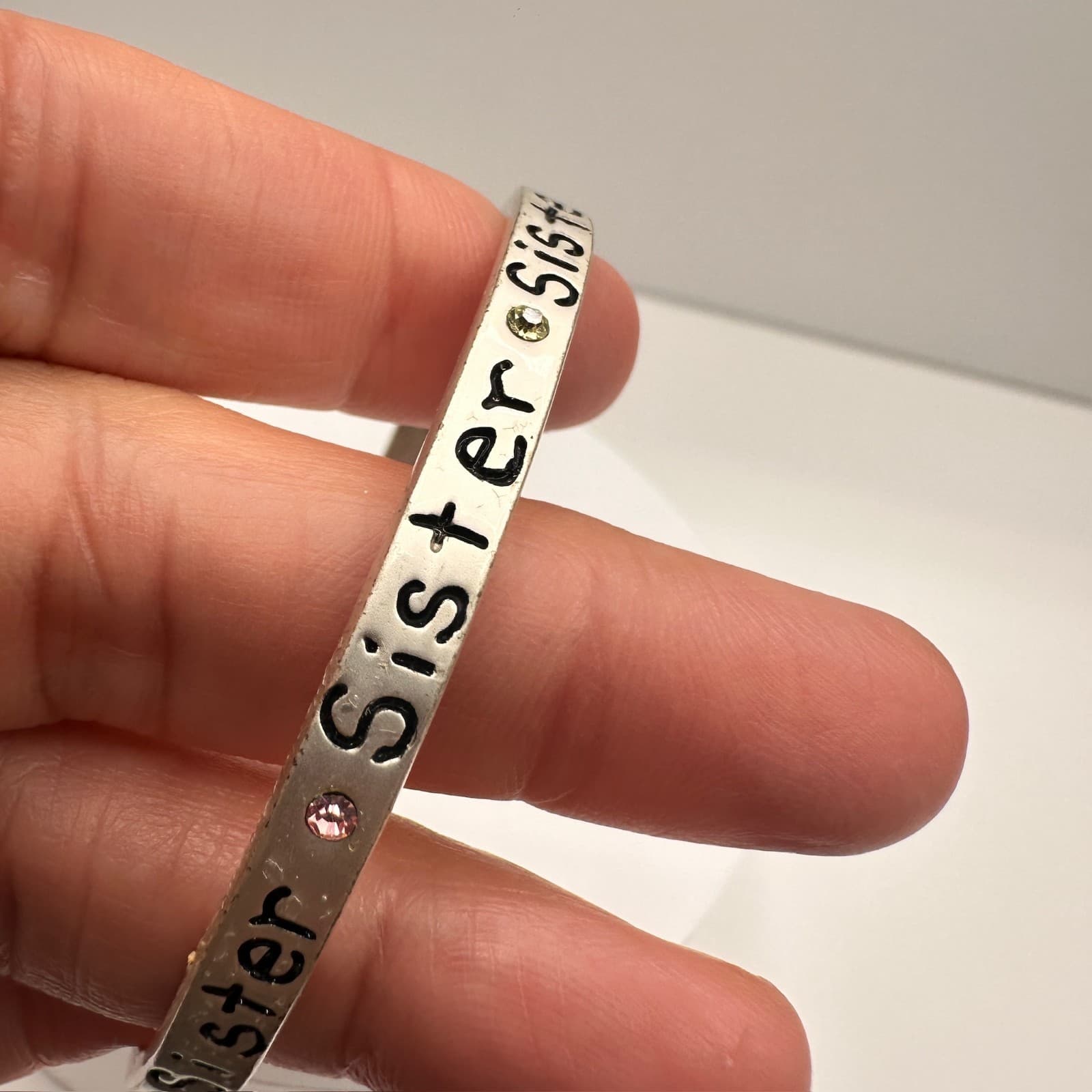 Vintage Y2K Silver Tone Sister Bangle Bracelet AB Rhinestone Crystal Jewelry - Thumbnail 7