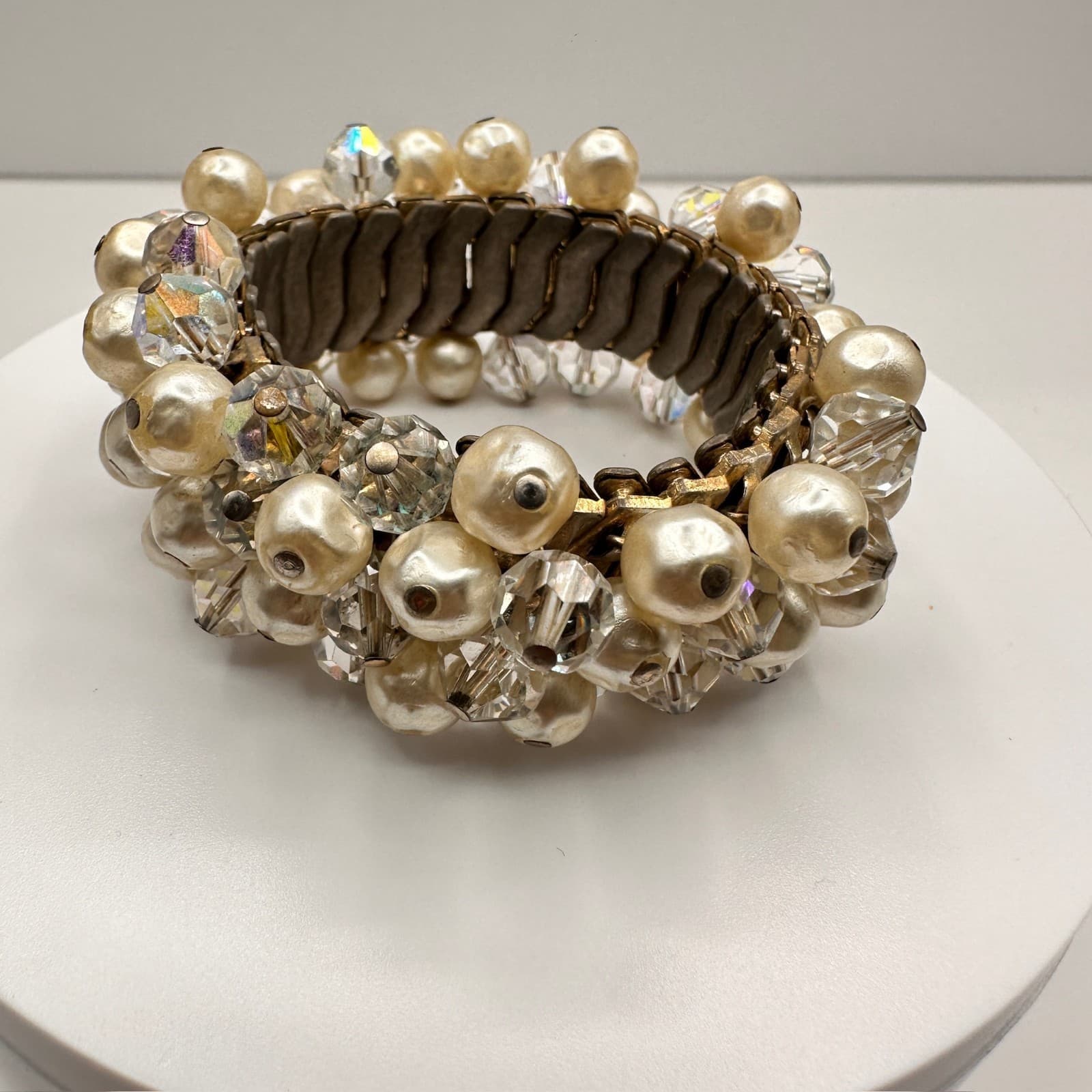 Vintage 90s Faux Pearl AB Crystal Expansion Bracelet Stretch Statement Jewelry - Image 1