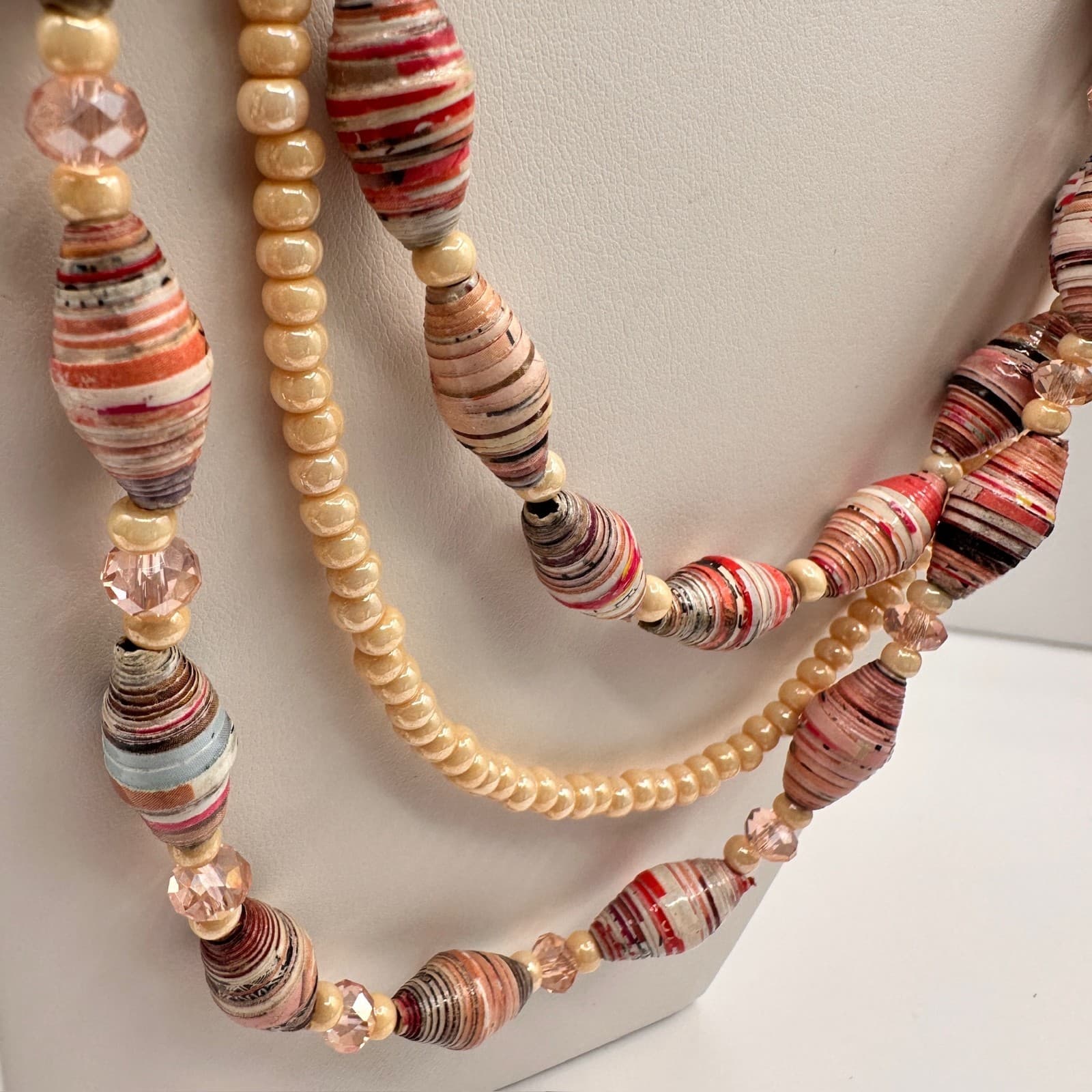 Vintage 90s Multi-Strand Necklace Paper Beads Cream Cross Religious Boho Jewelry - Thumbnail 5