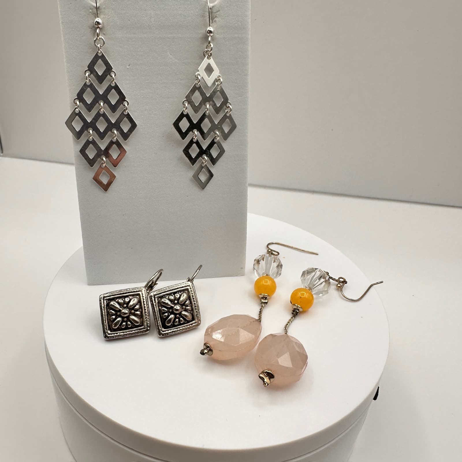 Vintage 90s Silver Tone Statement Chandelier & Floral Post Earrings Lot Jewelry - Image 1