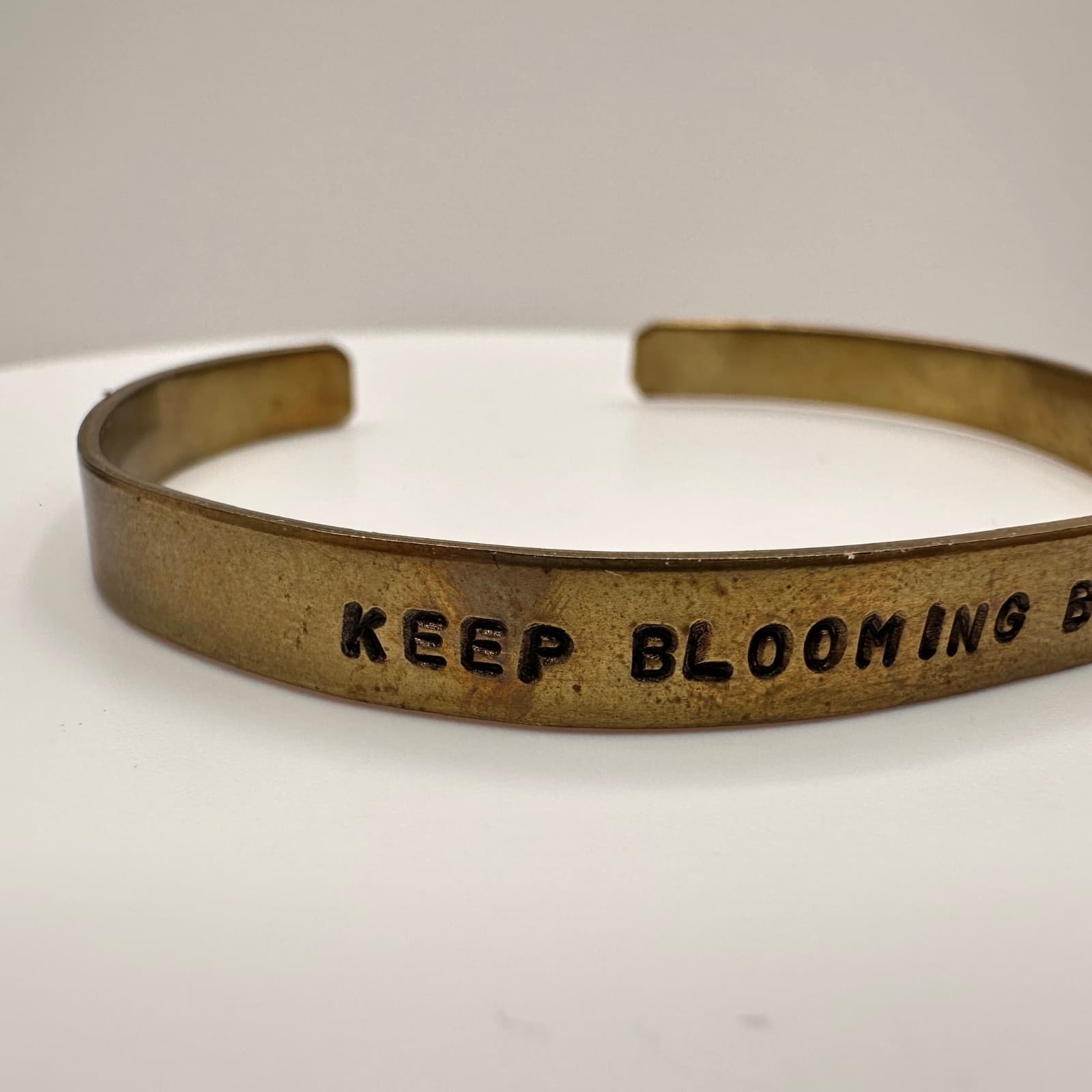 Vintage 80s Brass Cuff Bracelet Keep Blooming Beautiful One Engraved Jewelry - Thumbnail 2